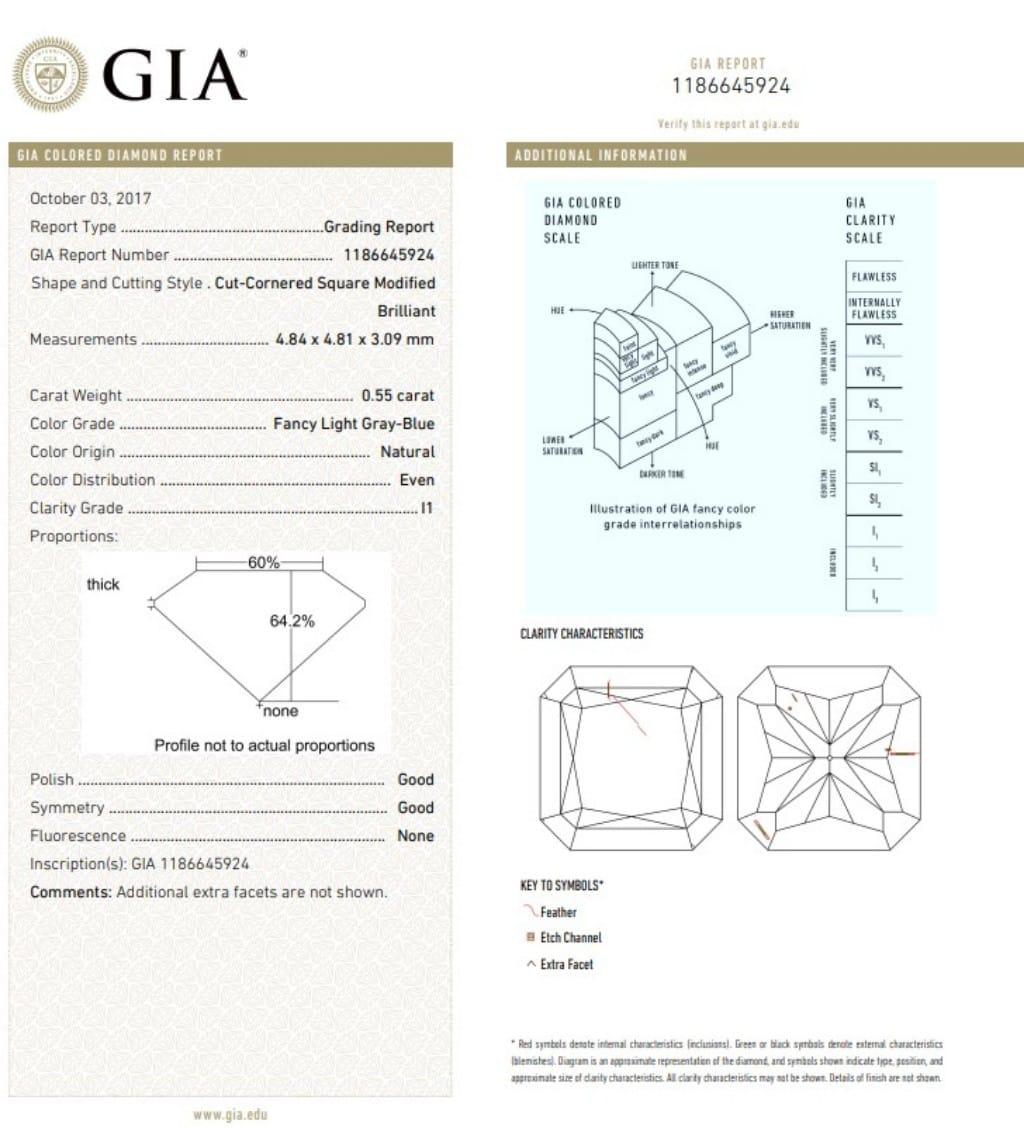 0.55 Carat Fancy Light Gray Blue Radiant Cut Diamond I1 Clarity GIA Certified For Sale 2