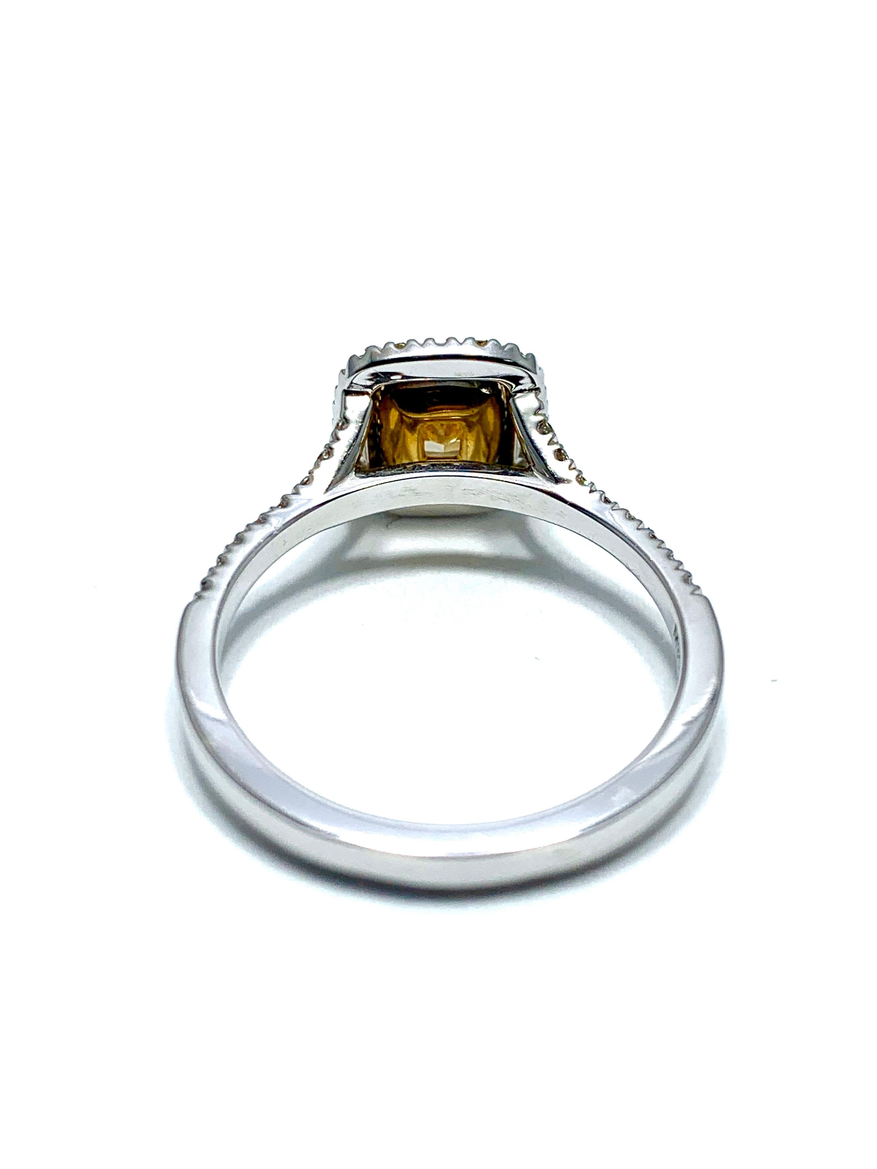 Modern 0.55 Carat Fancy Yellow Cushion Shaped Diamond and Platinum Engagement Ring