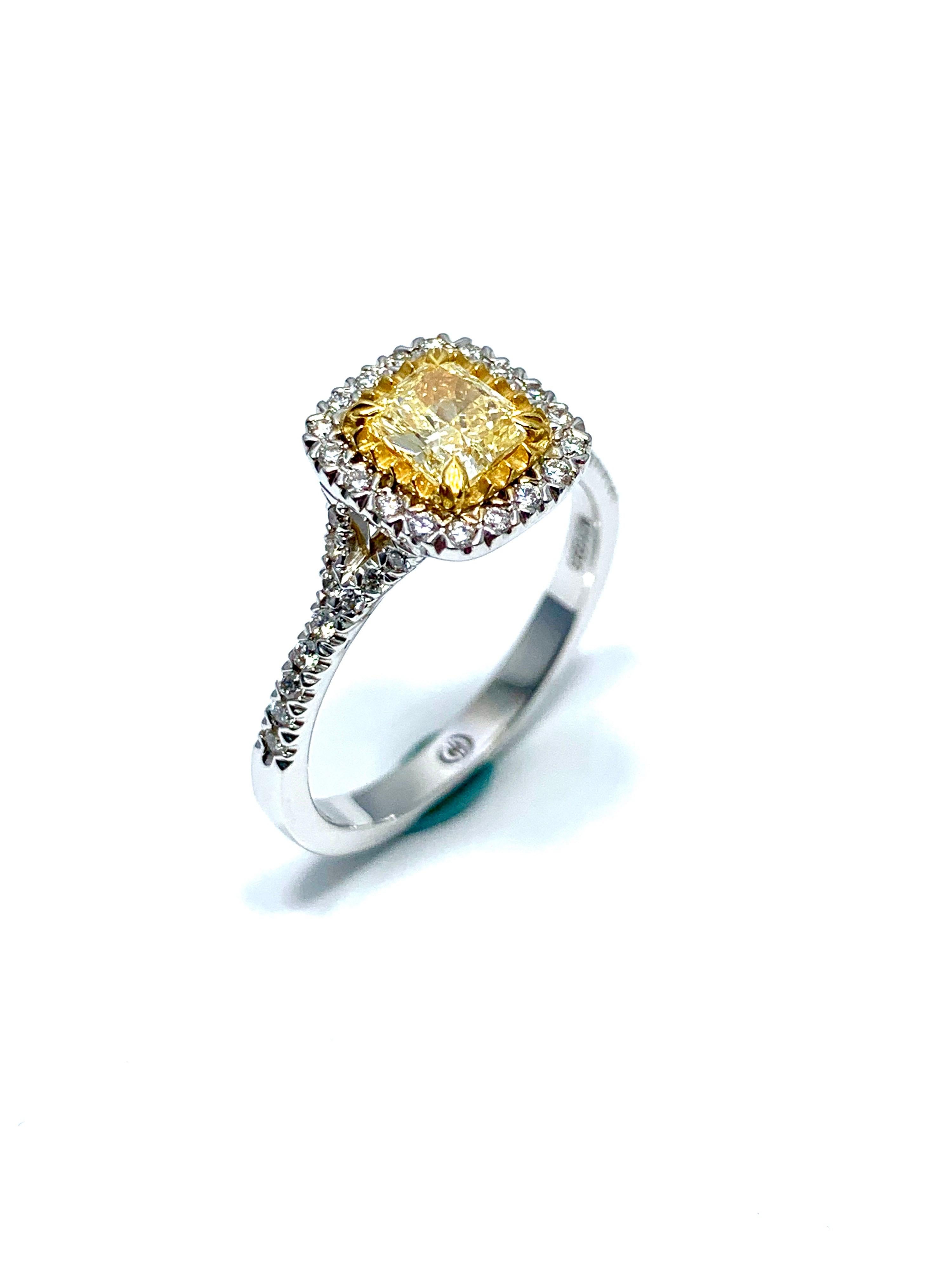 0.55 Carat Fancy Yellow Cushion Shaped Diamond and Platinum Engagement Ring In New Condition In Chevy Chase, MD