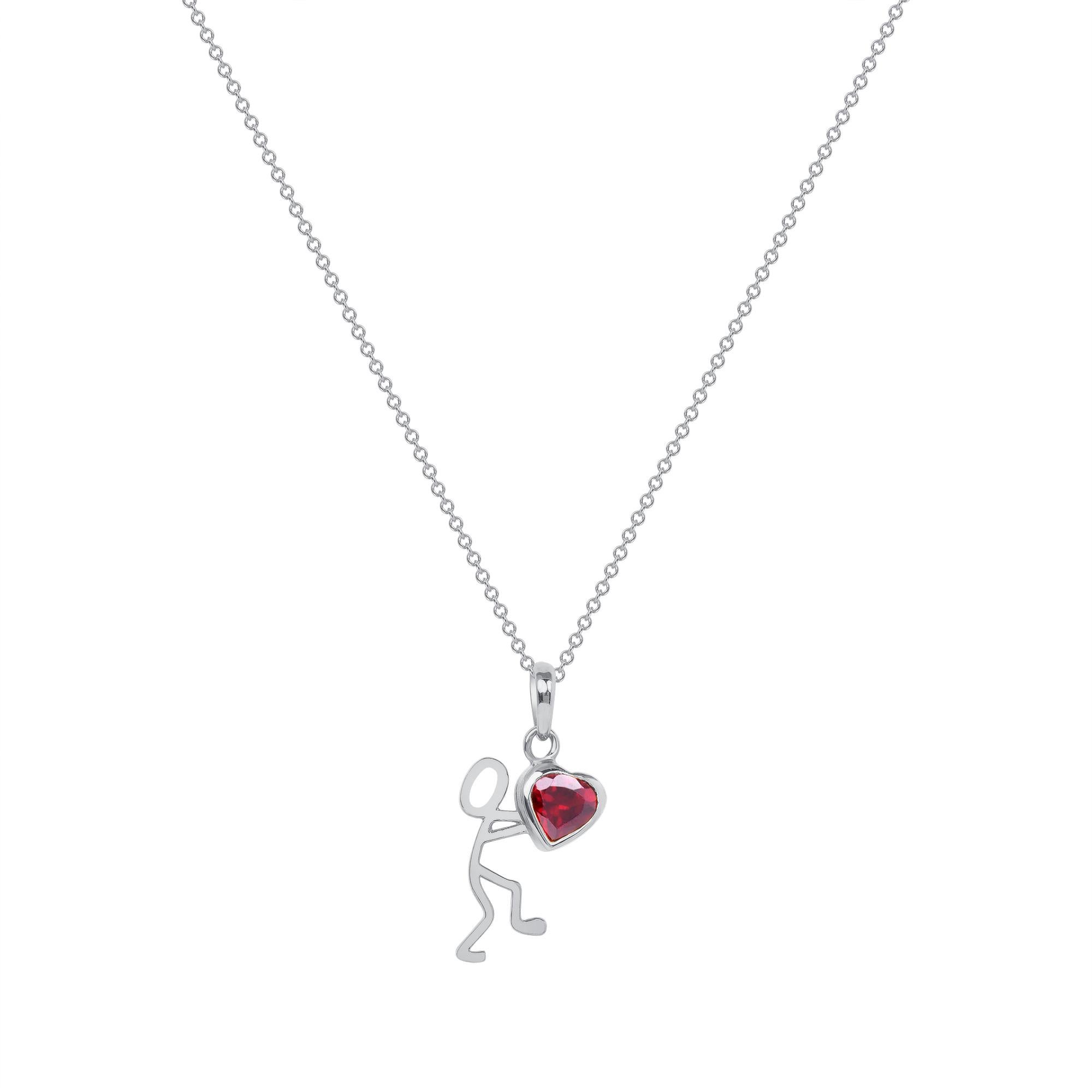 0.55 Carat Garnet Rhodium Plated Sterling Silver Stick Figure with Heart Pendant Necklace.

This pendant necklace was handmade with rhodium plated sterling silver. It features a 0.55-carat garnet. This pendant is on an 18-inch chain necklace with a