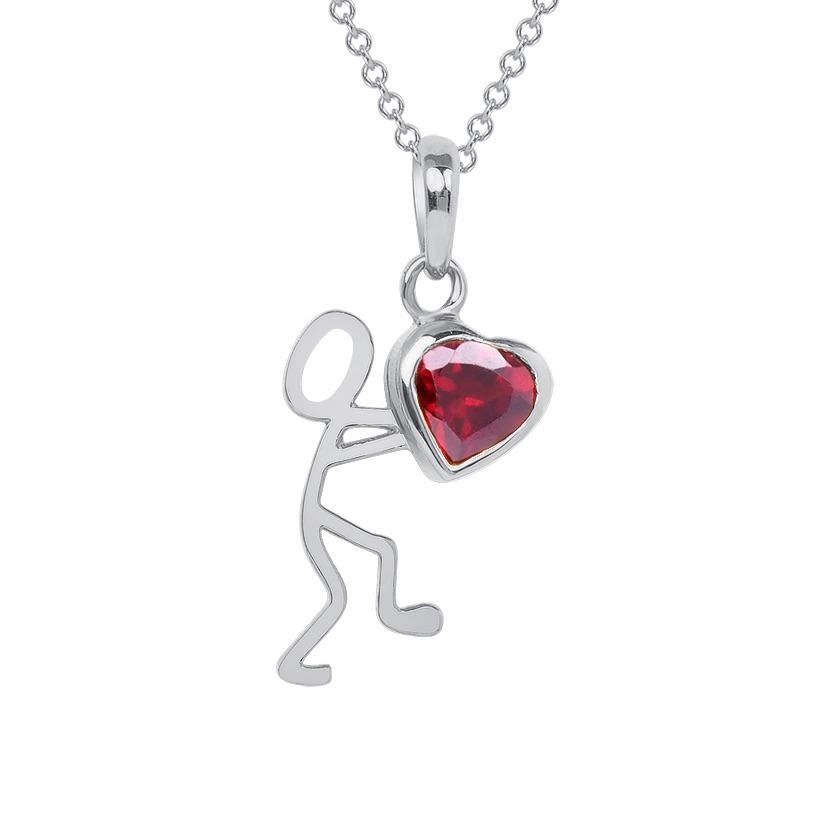 Contemporary 0.55 Carat Garnet Rhodium Silver Stick Figure with Heart Pendant Necklace For Sale