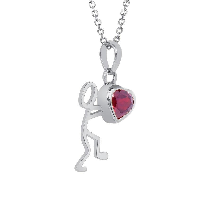 Pear Cut 0.55 Carat Garnet Rhodium Silver Stick Figure with Heart Pendant Necklace For Sale