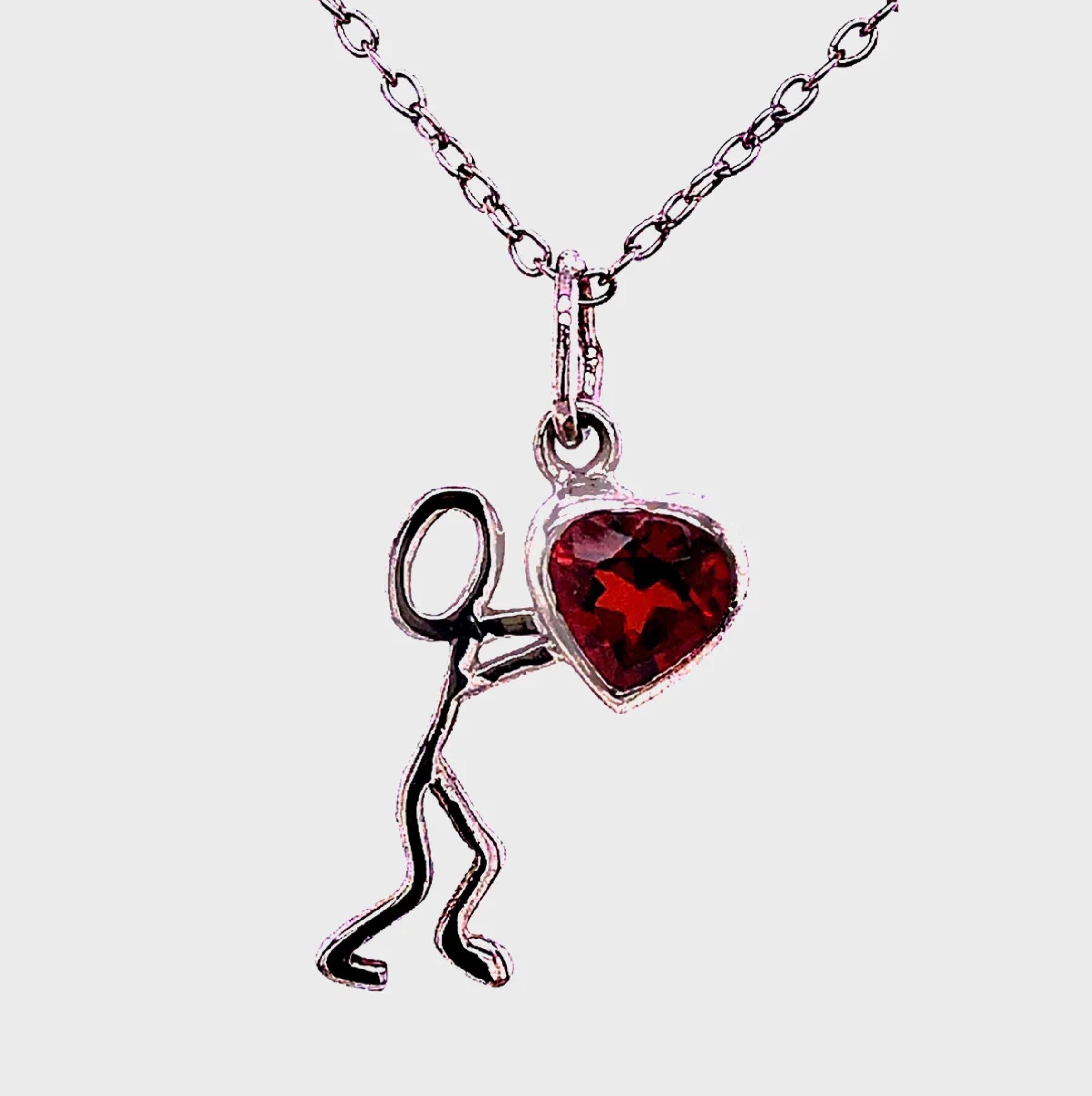 0.55 Carat Garnet Rhodium Silver Stick Figure with Heart Pendant Necklace In New Condition For Sale In Woodstock, GA