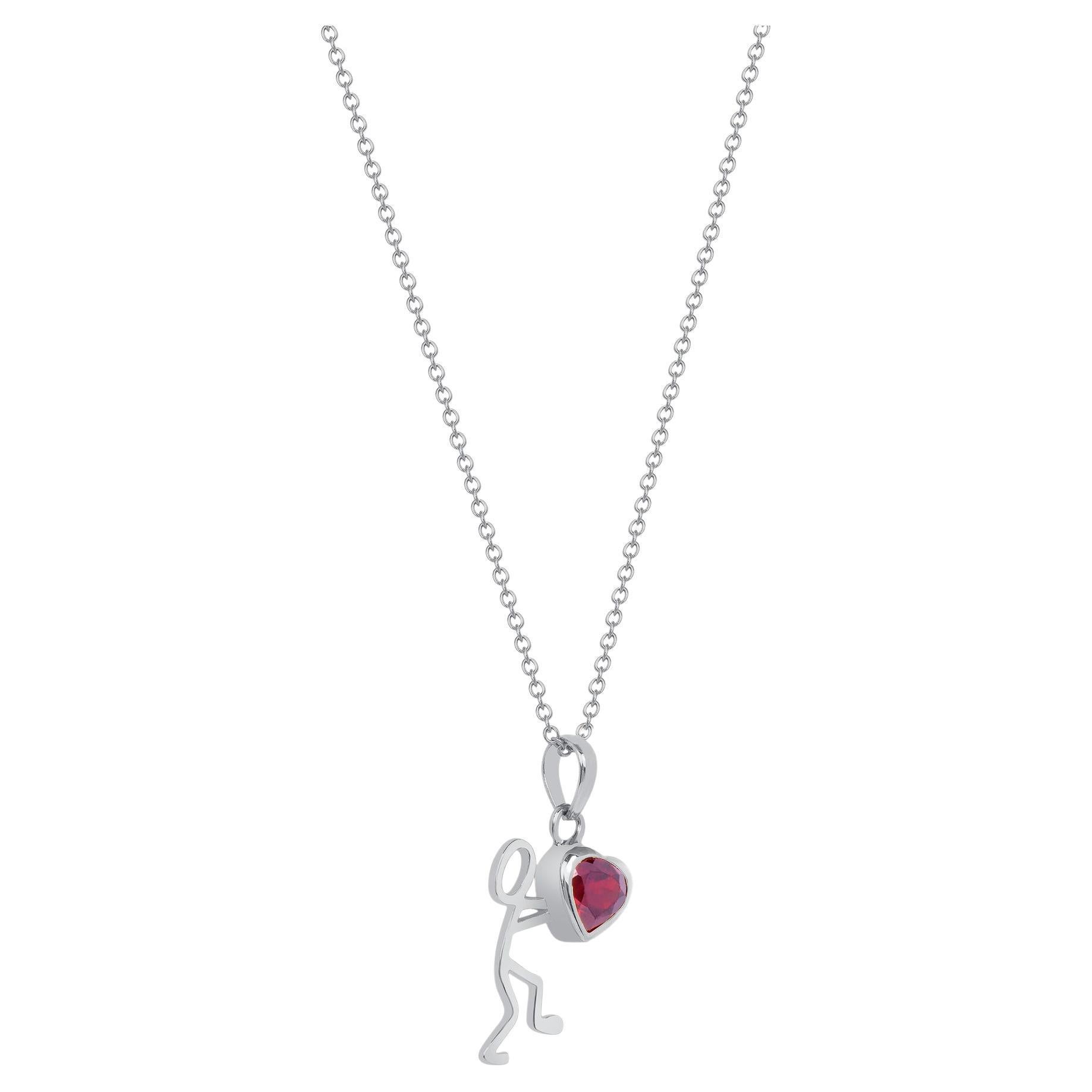 0.55 Carat Garnet Rhodium Silver Stick Figure with Heart Pendant Necklace For Sale