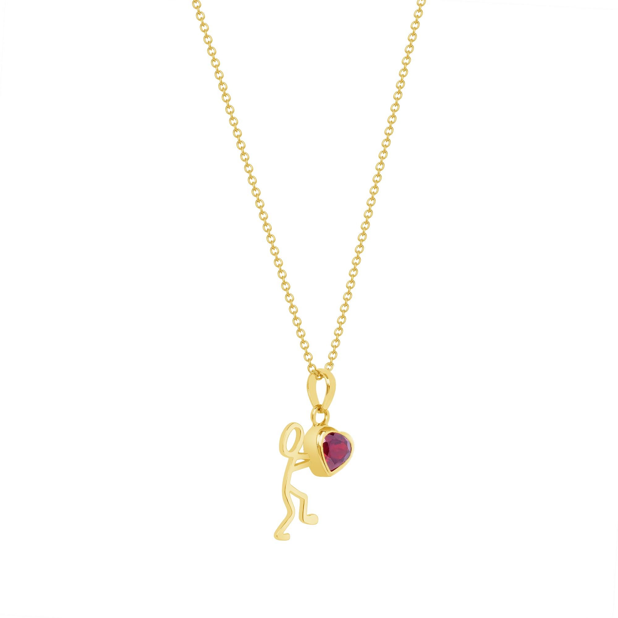 Contemporary 0.55 Carat Garnet Yellow Gold Stick Figure with Heart Pendant Necklace For Sale
