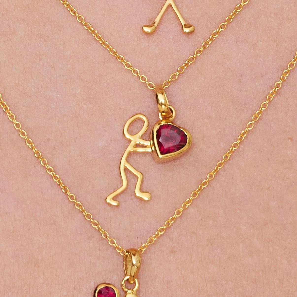 0.55 Carat Garnet Yellow Gold Stick Figure with Heart Pendant Necklace In New Condition For Sale In Woodstock, GA