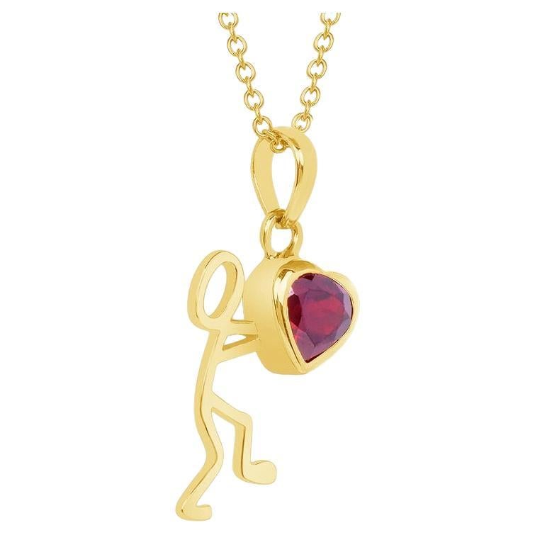 0.55 Carat Garnet Yellow Gold Stick Figure with Heart Pendant Necklace For Sale