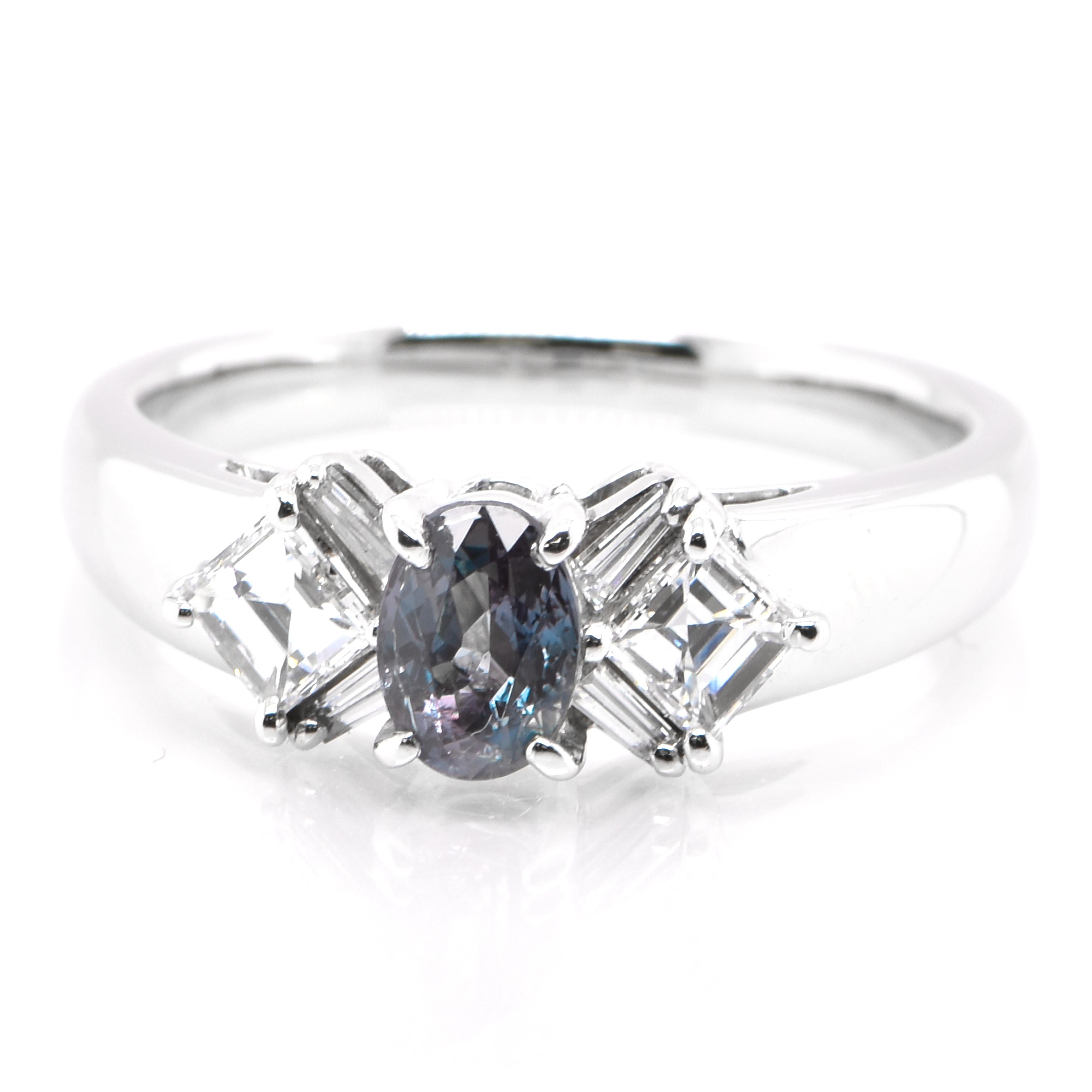 Modern 0.55 Carat Natural Color-Changing Alexandrite and Diamond Ring Set in Platinum