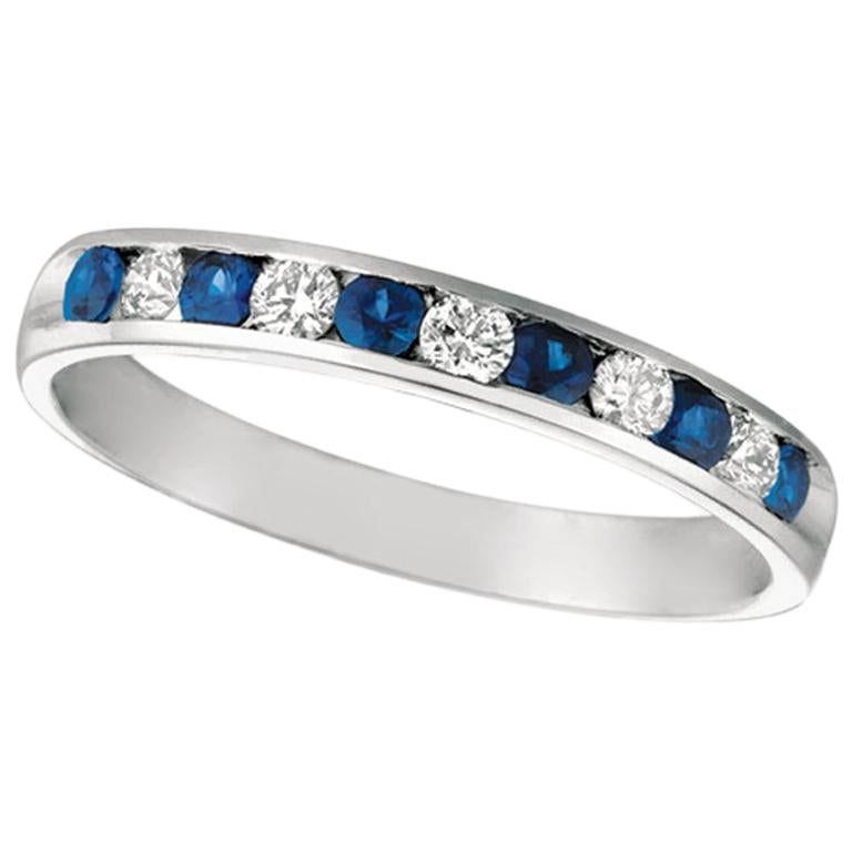 0.55 Carat Natural Diamond and Sapphire Ring Band 14 Karat White Gold