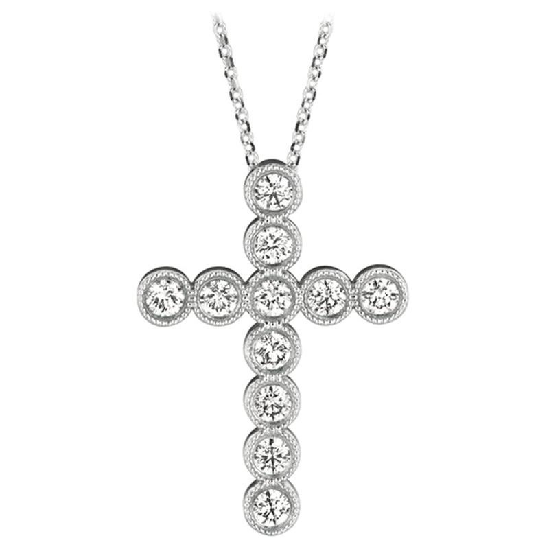 Collier pendentif en forme de croix en or blanc 14 carats avec diamants naturels 0,55 carat et chaîne G SI