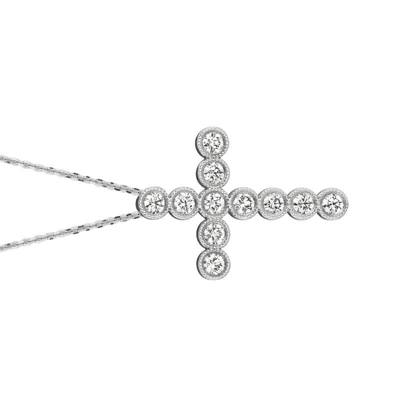 Round Cut 0.55 Carat Natural Diamond Cross Pendant Necklace 14 Karat White Gold G SI Chain For Sale