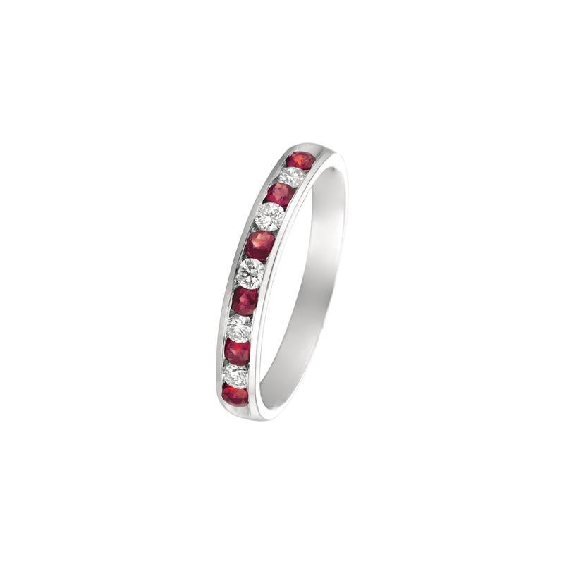 Round Cut 0.55 Carat Natural Diamond and Ruby Ring Band 14 Karat White Gold For Sale