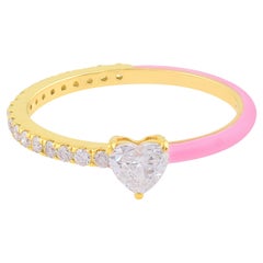 0.55 Carat Natural Heart Diamond Enamel Band Ring 14k Yellow Gold Fine Jewelry