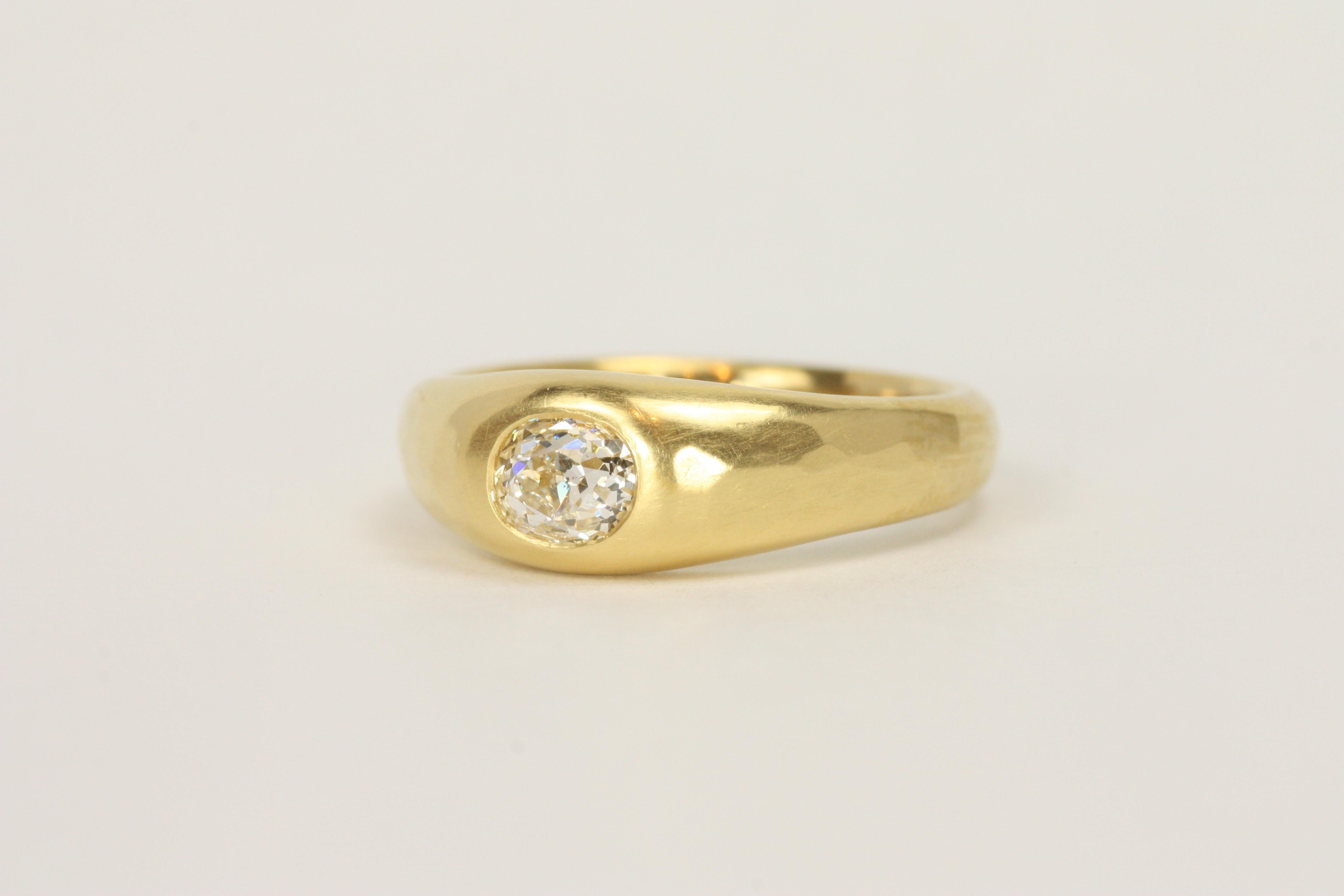 0.55 Carat Old Mine Cut Natural Diamond Solitaire Gypsy 22K Gold Engagement Ring For Sale 1