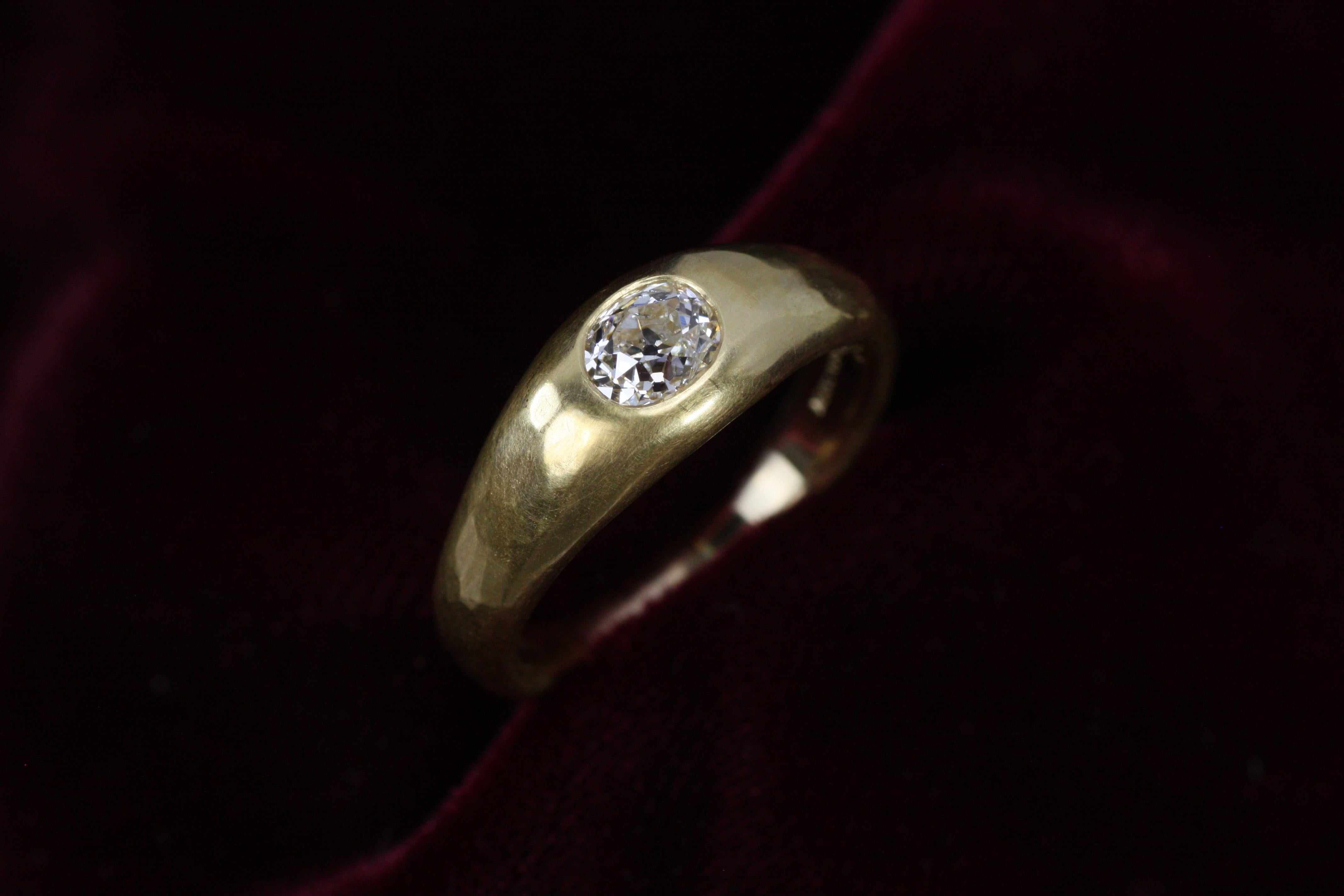 Modern 0.55 Carat Old Mine Cut Natural Diamond Solitaire Gypsy 22K Gold Engagement Ring For Sale
