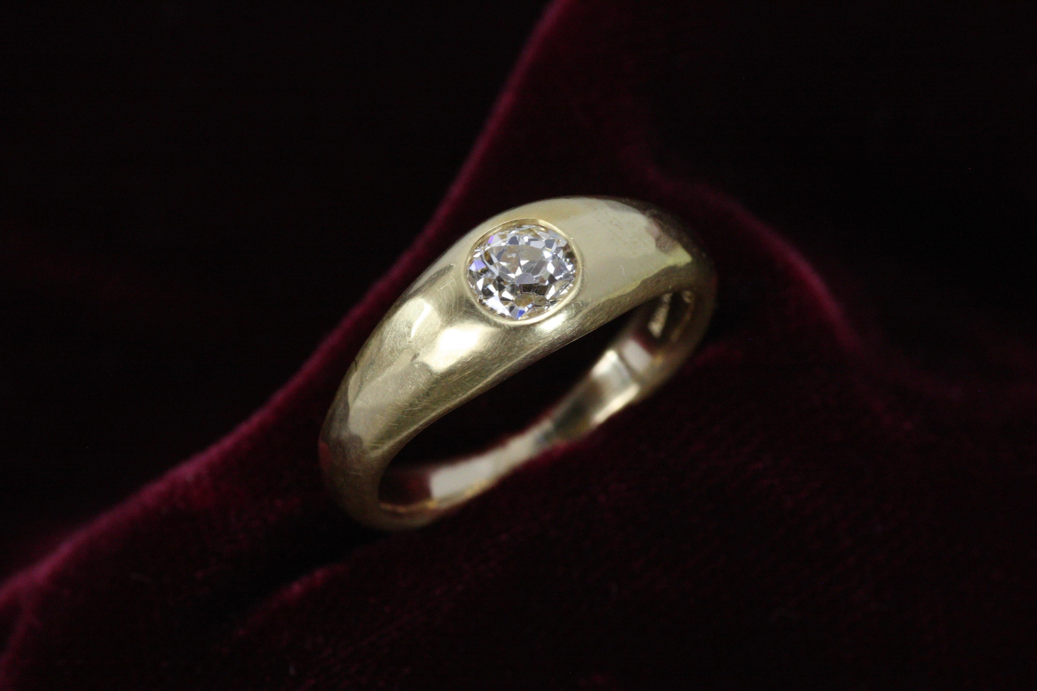 Modern 0.55 Carat Old Mine Cut Natural Diamond Solitaire Gypsy 22K Gold Engagement Ring For Sale