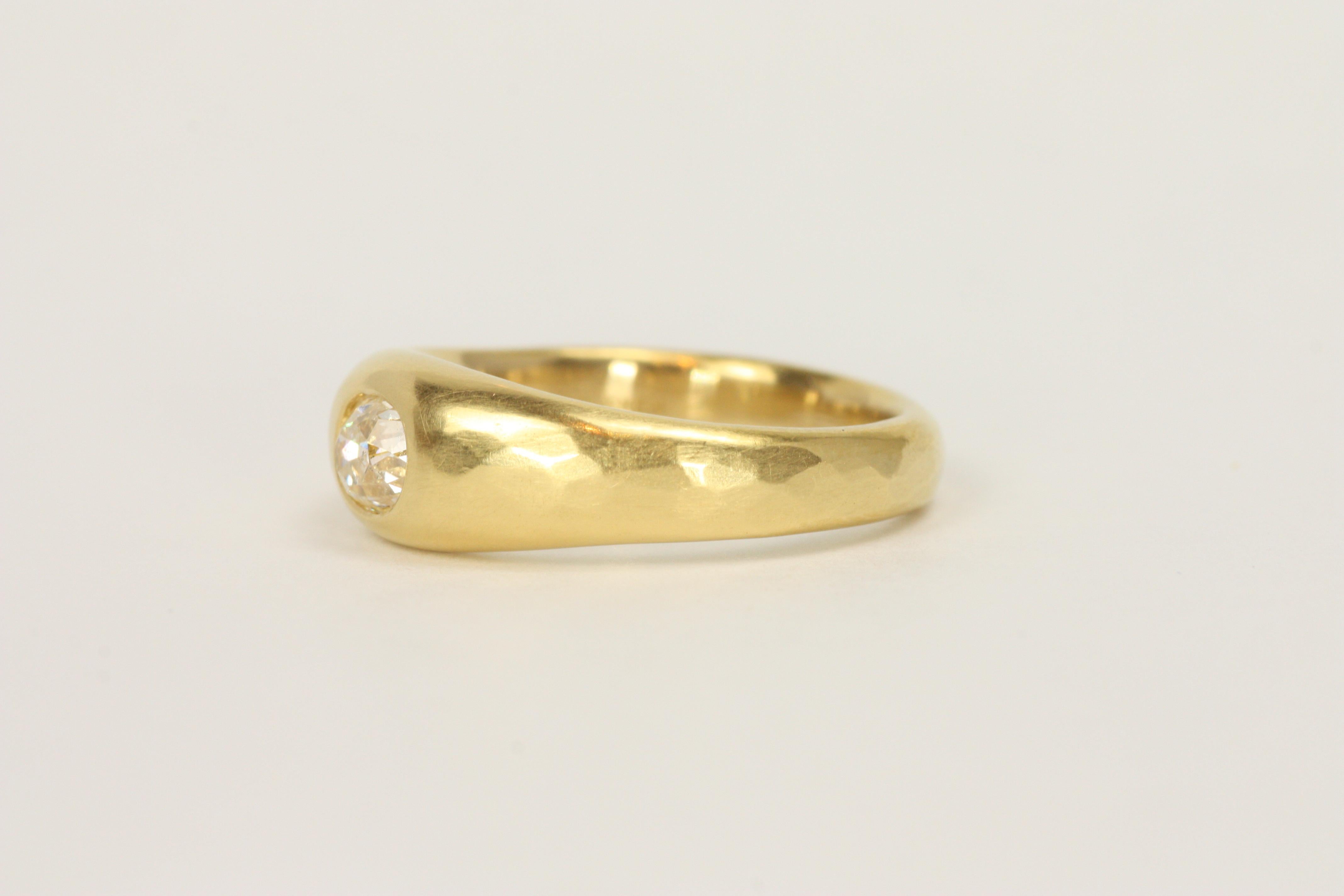 0.55 Carat Old Mine Cut Natural Diamond Solitaire Gypsy 22K Gold Engagement Ring For Sale 2