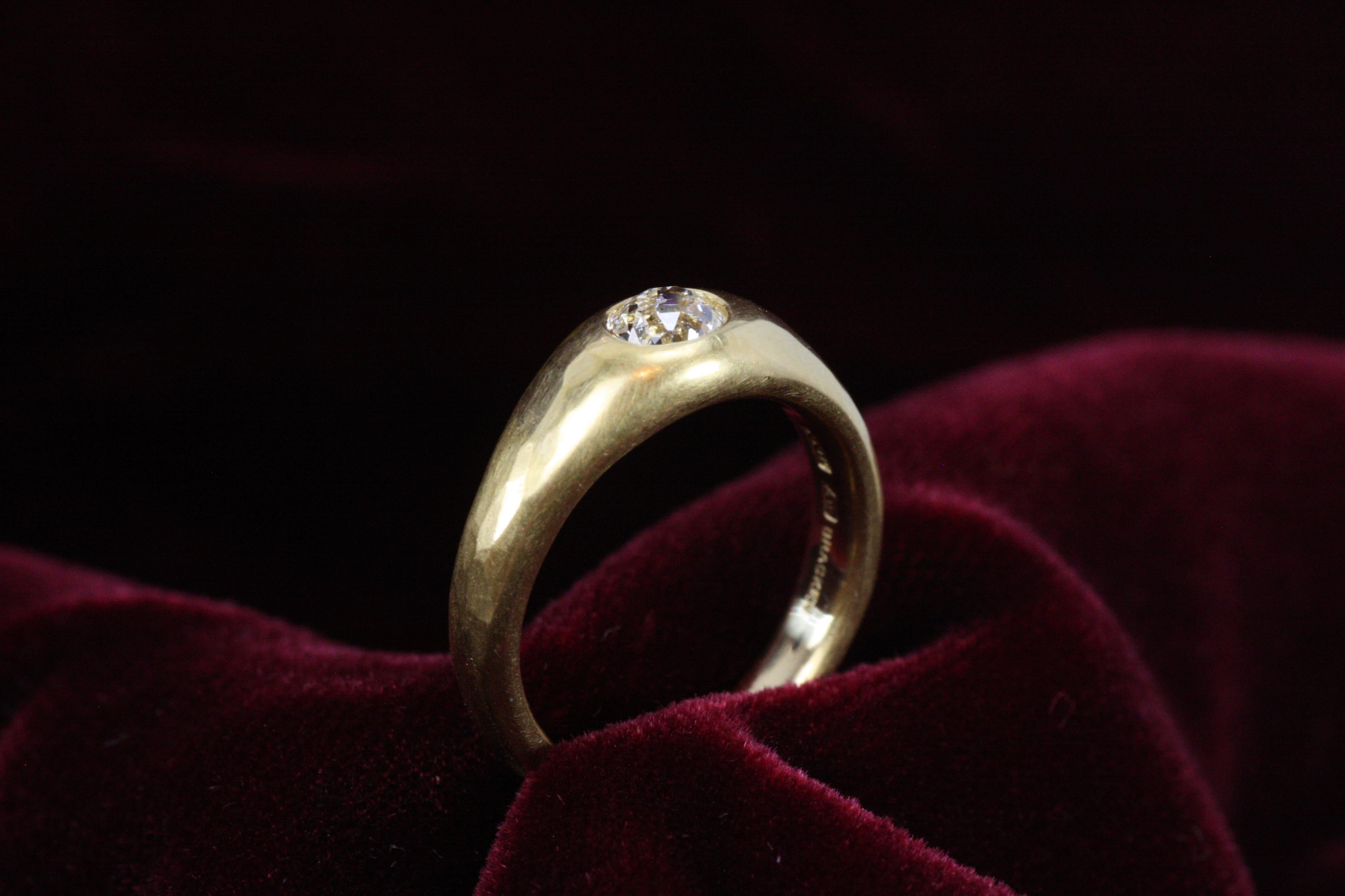 0.55 Carat Old Mine Cut Natural Diamond Solitaire Gypsy 22K Gold Engagement Ring In New Condition For Sale In Santa Monica, CA
