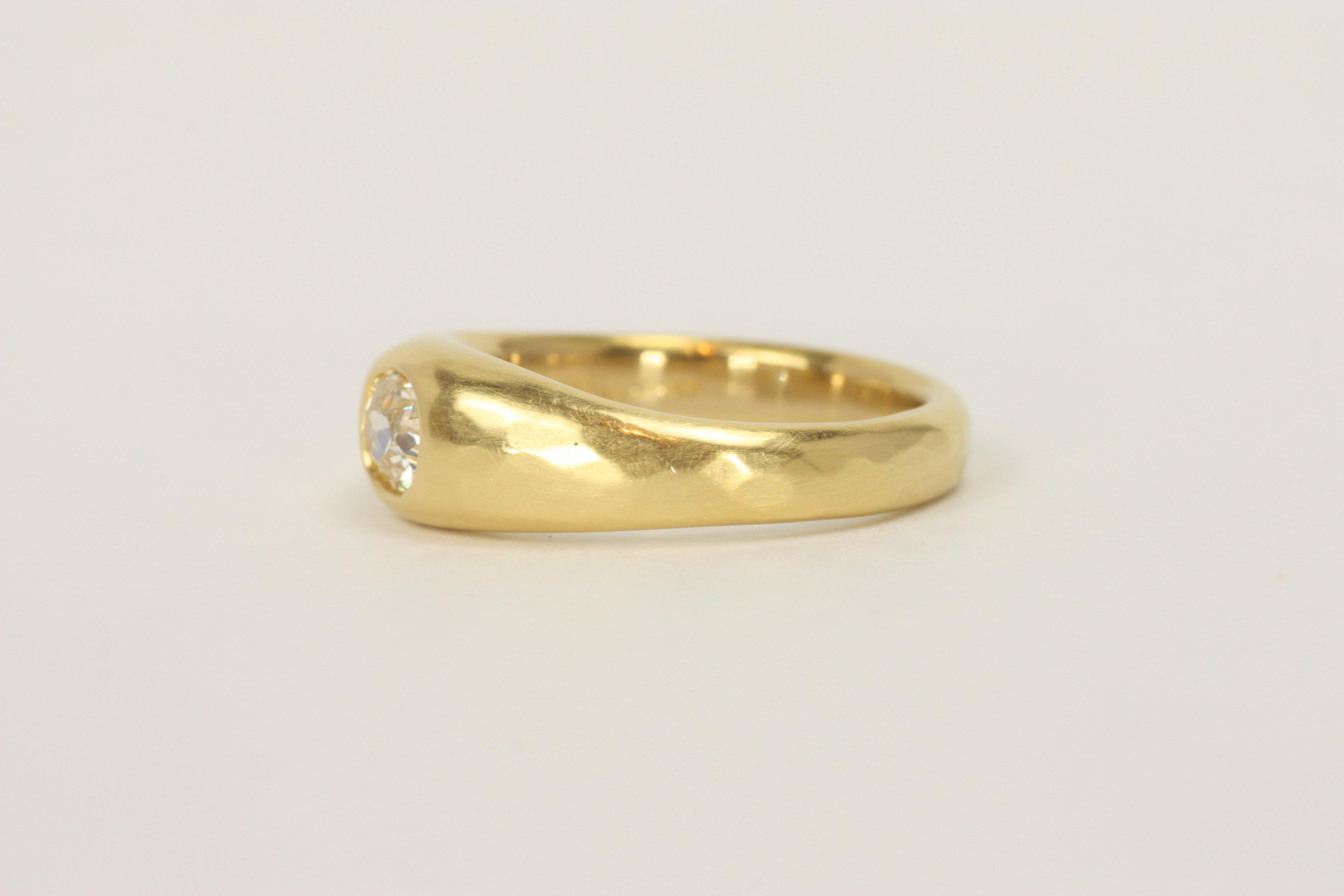 0.55 Carat Old Mine Cut Natural Diamond Solitaire Gypsy 22K Gold Engagement Ring For Sale 2