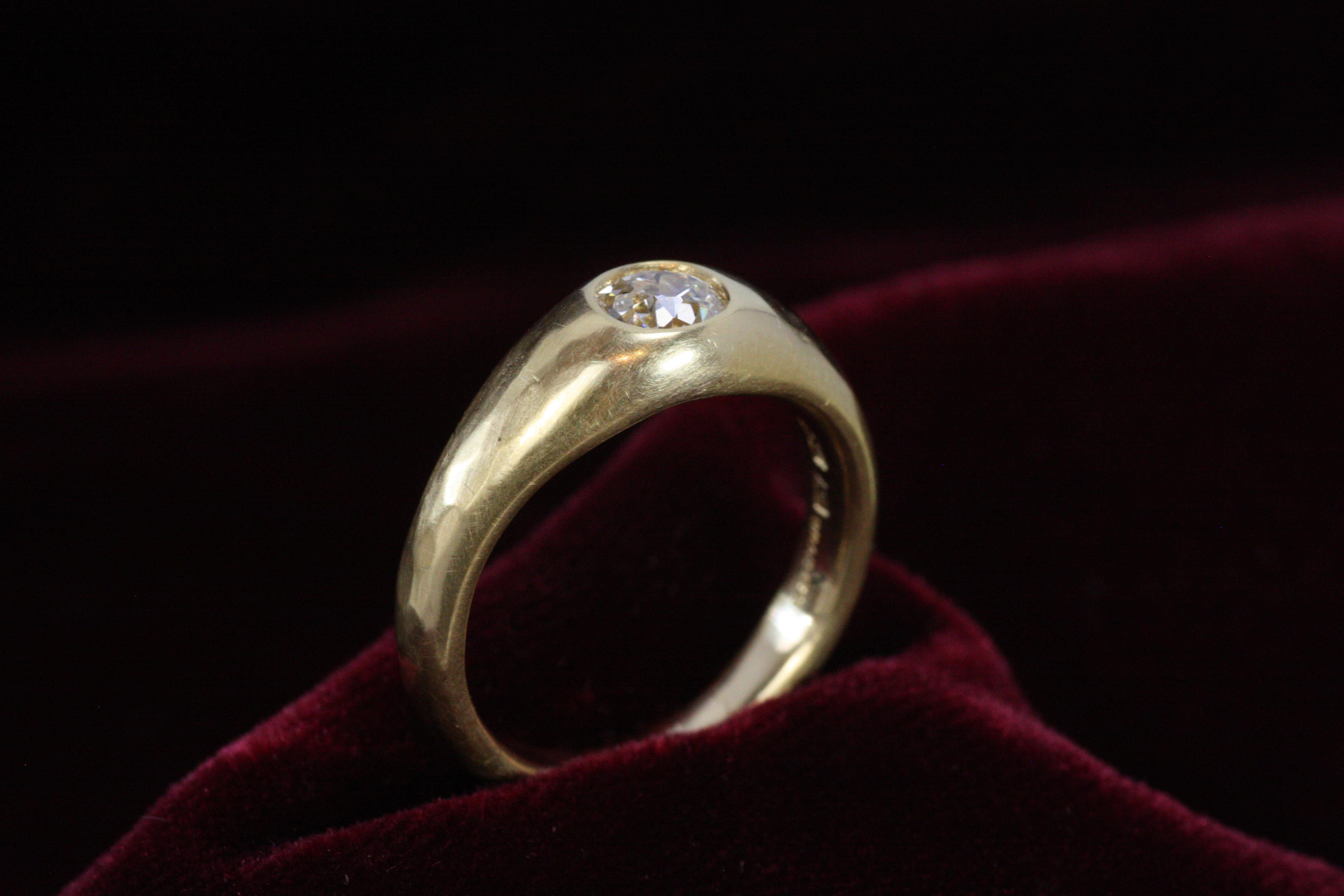 0.55 Carat Old Mine Cut Natural Diamond Solitaire Gypsy 22K Gold Engagement Ring In New Condition For Sale In Santa Monica, CA
