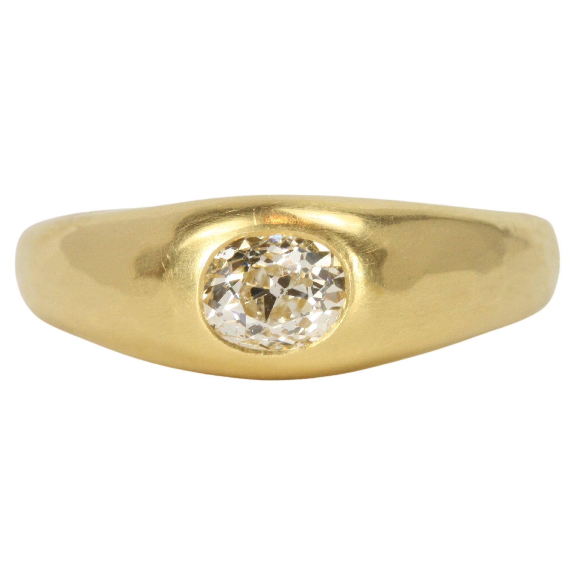 0.55 Carat Old Mine Cut Natural Diamond Solitaire Gypsy 22K Gold Engagement Ring