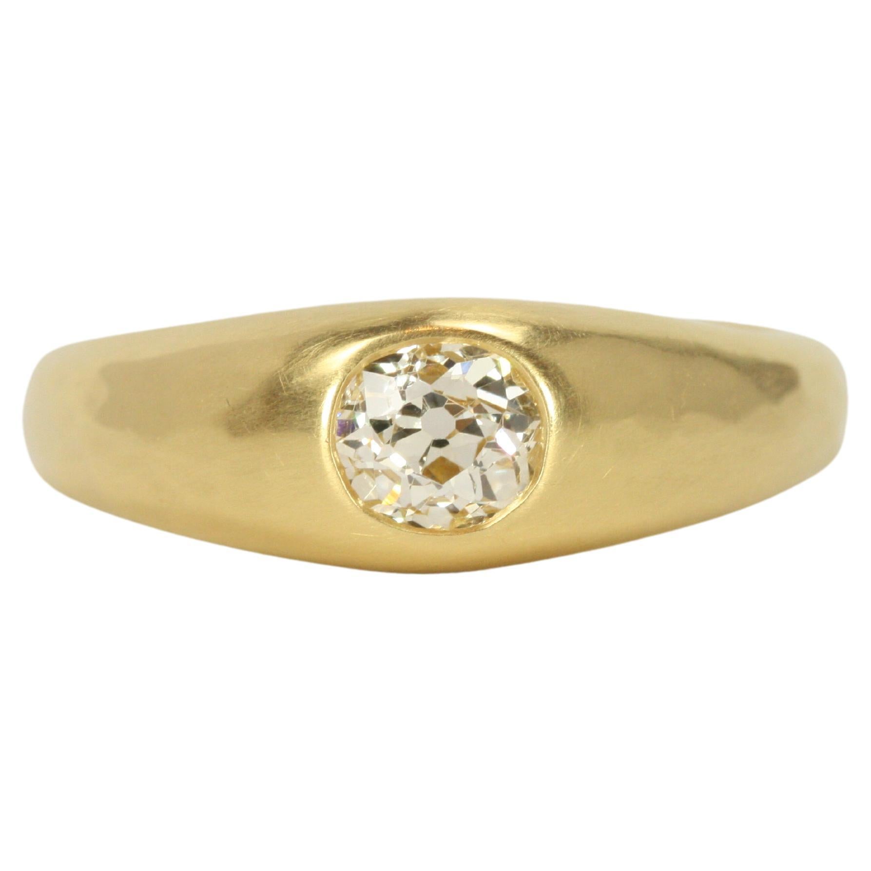 0.55 Carat Old Mine Cut Natural Diamond Solitaire Gypsy 22K Gold Engagement Ring