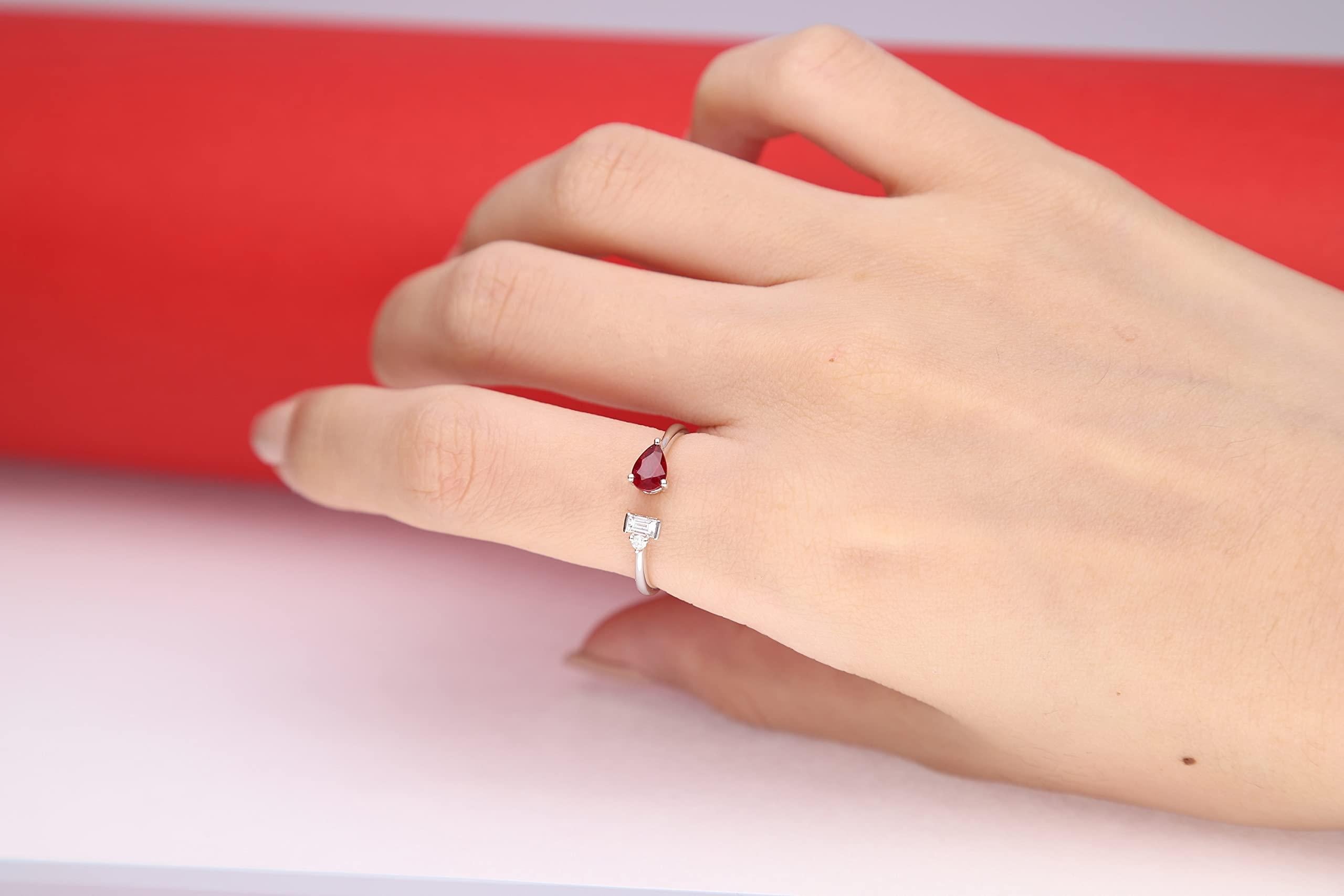 Decorate yourself in elegance with this Ring is crafted from 18-karat White Gold by Gin & Grace. This Ring is made up of Pear-Cut Ruby (1 pcs) 0.55 carat and Round-cut White Diamond (1 Pcs) 0.02 Carat, Baguette-cut White Diamond (1 pcs) 0.10 carat.