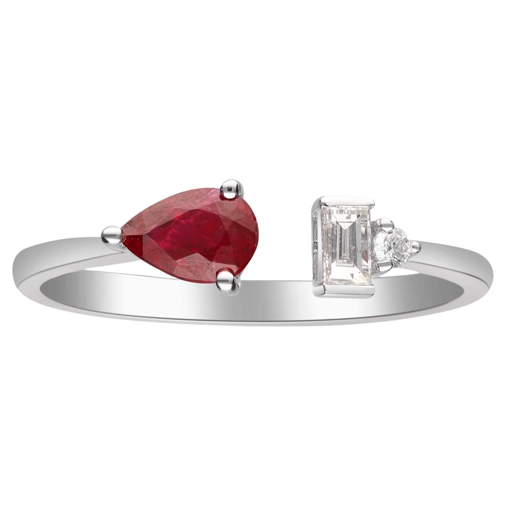 0.55 Carat Pear-Cut Ruby with Diamond Accents 18K White Gold Ring For Sale