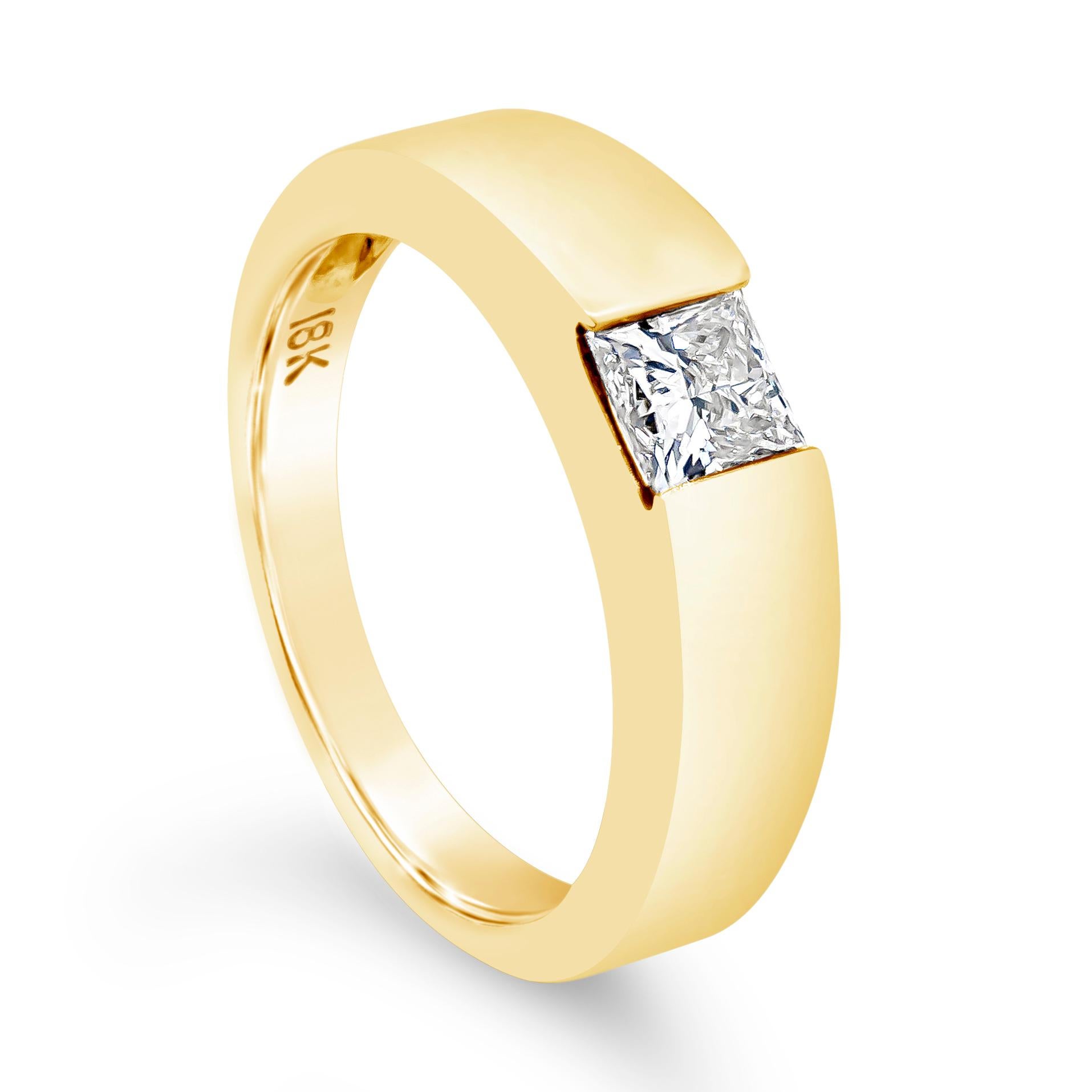 A simple and modern ring style showcasing a solitaire princess cut diamond weighing 0.55 carats, Certified by EGL as J Color and VVS2 in Clarity. The band has an angular tapered design, and set in a semi-bezel setting. Made in 18K Yellow
