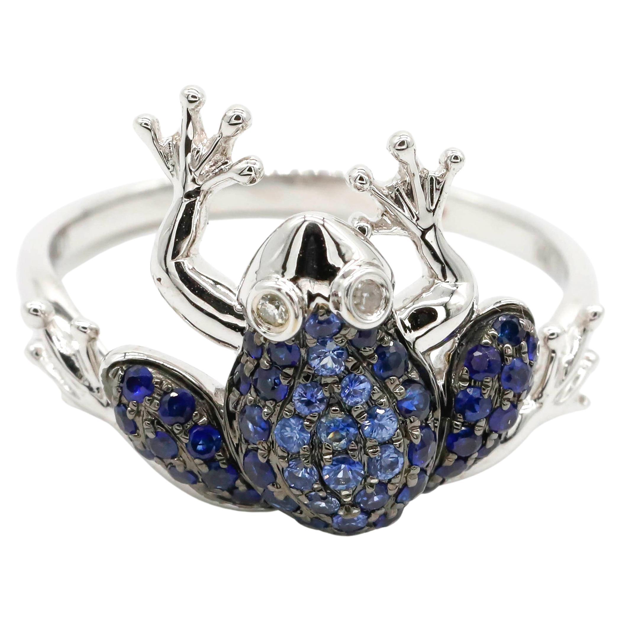 0.55 Carat Round Cut Pave Blue Sapphire 14k White Gold Good Luck Frog Ring For Sale