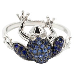 0.55 Carat Round Cut Pave Blue Sapphire 14k White Gold Good Luck Frog Ring