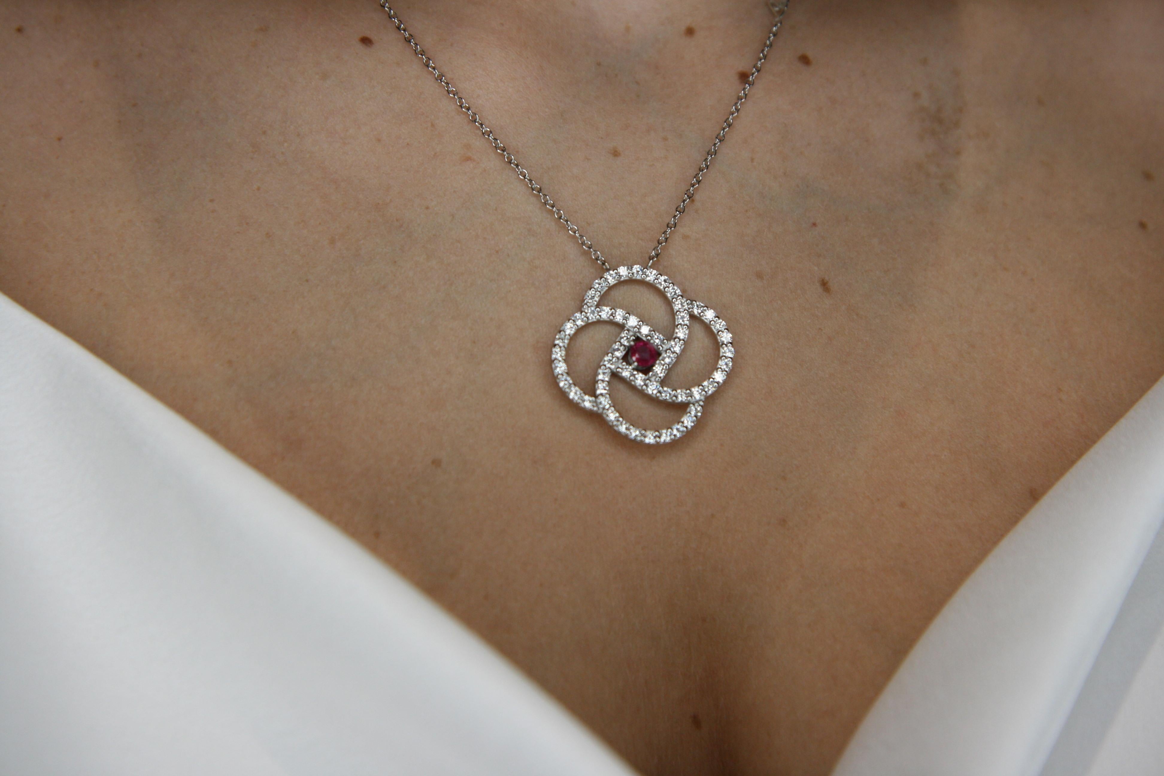 0.55 Carat Ruby with VS G Color Diamonds 1.68 Carats. White Gold Necklace For Sale