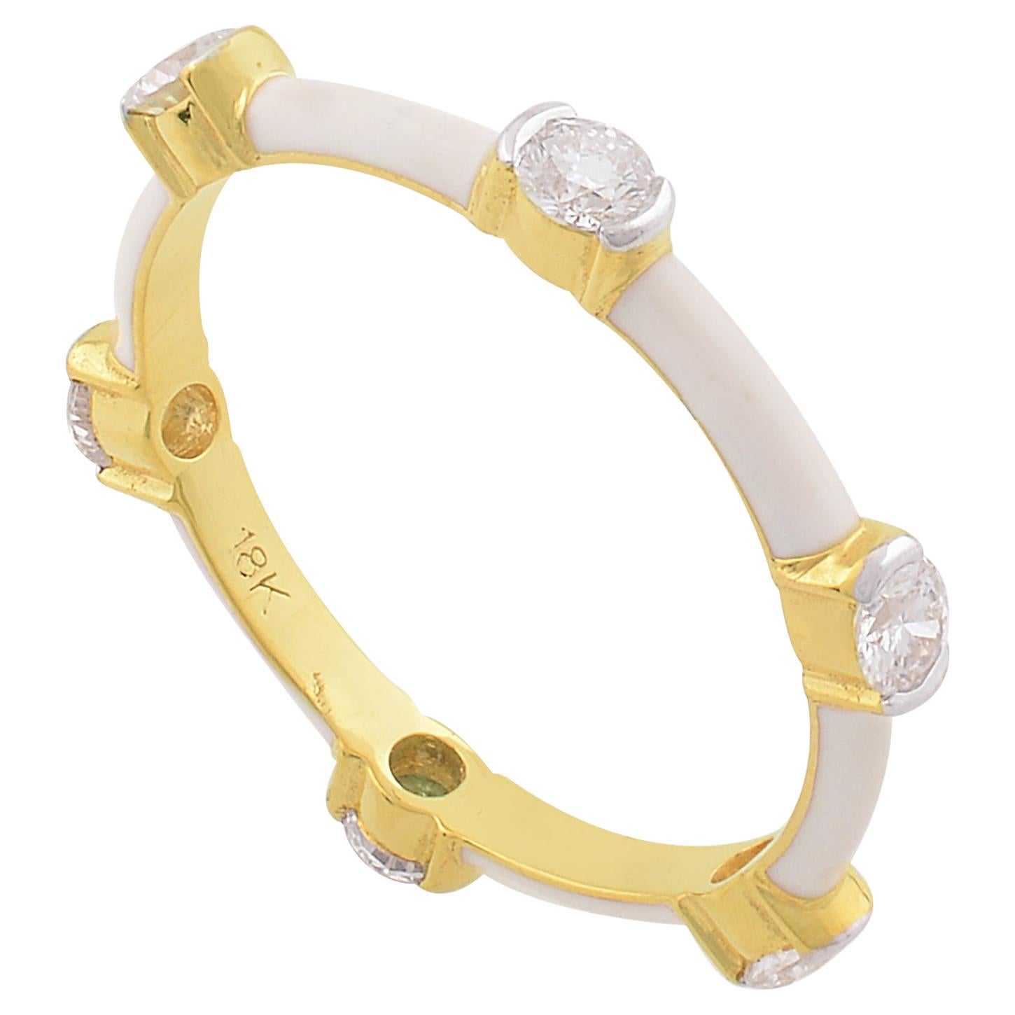 For Sale:  0.55 Carat SI Clarity HI Color Round Diamond Enamel Band Ring 18k Yellow Gold
