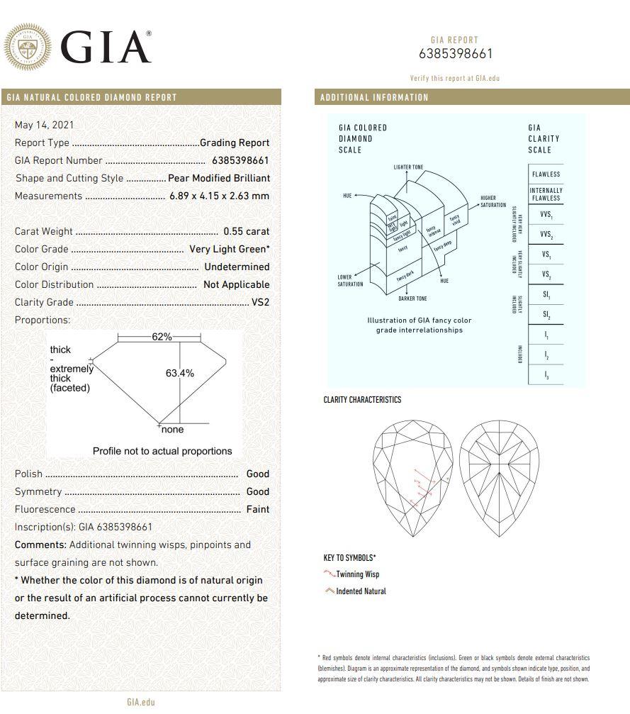 0.55 Carat Very Light Green Pear Cut Diamond VS2 Clarity GIA Certified For Sale 3