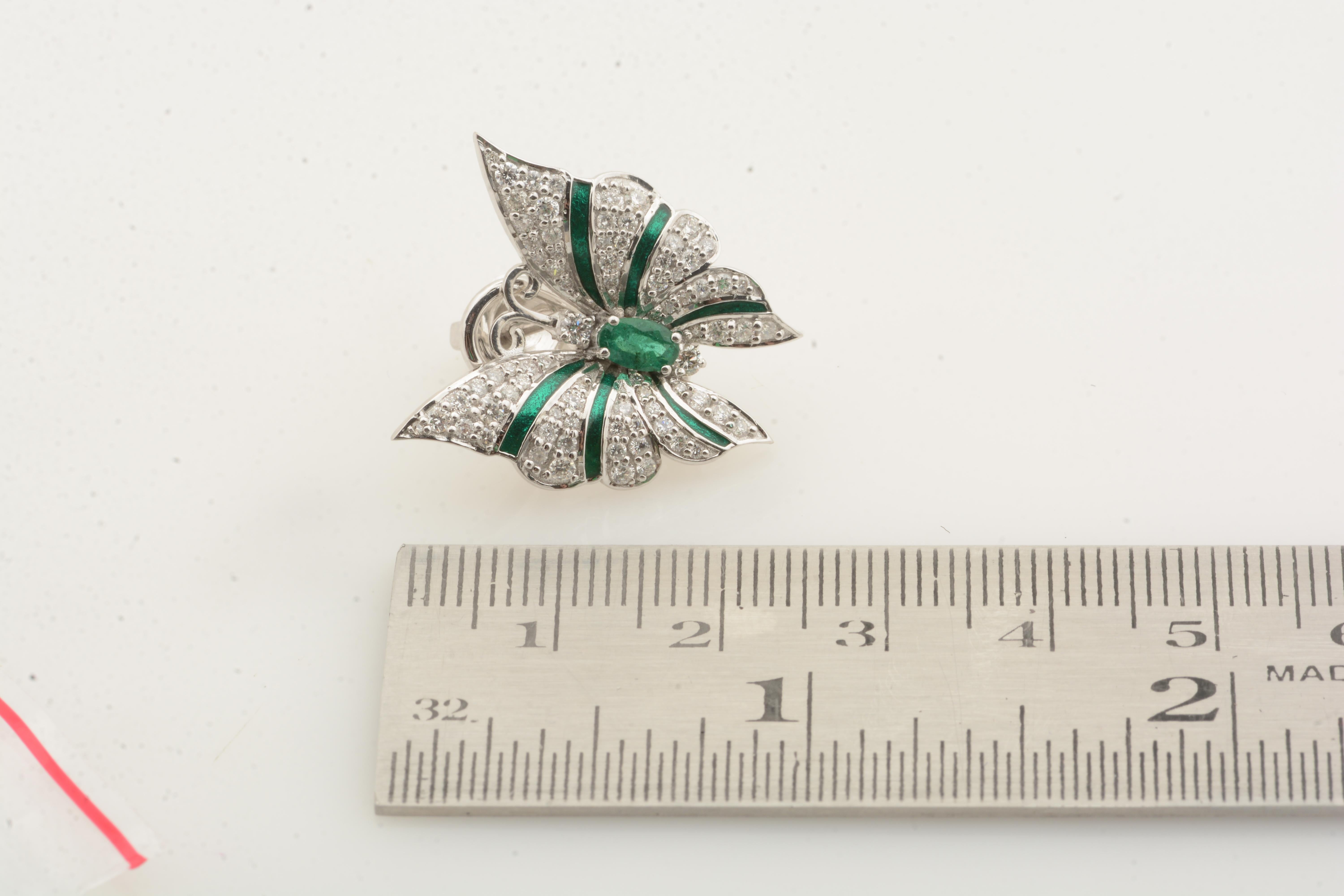 Women's 0.55 Carat Zambian Emerald Butterfly Earrings 1.30 Carat Diamond 18k White Gold For Sale