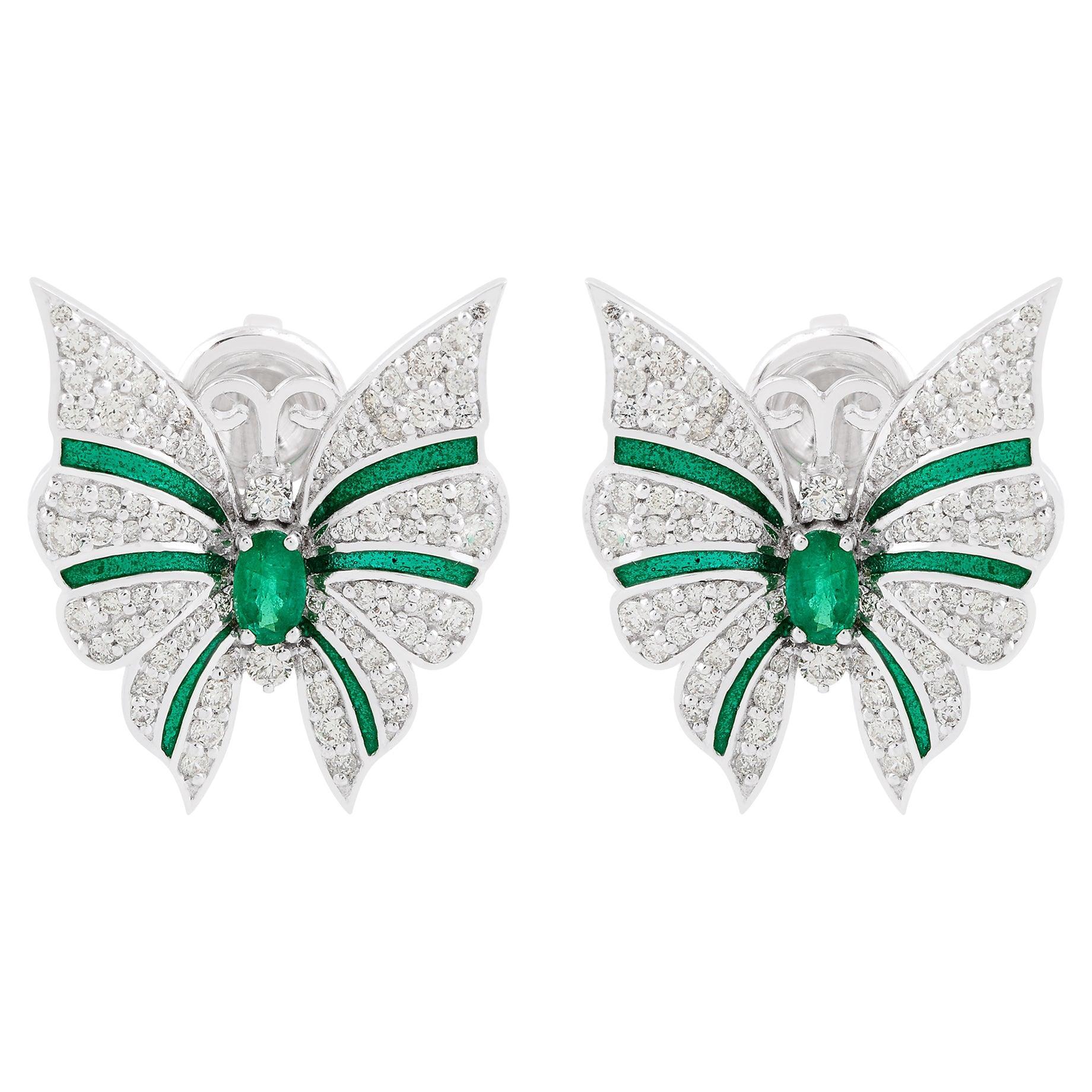 0.55 Carat Zambian Emerald Butterfly Earrings 1.30 Carat Diamond 18k White Gold