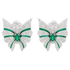 0.55 Carat Zambian Emerald Butterfly Earrings 1.30 Carat Diamond 18k White Gold
