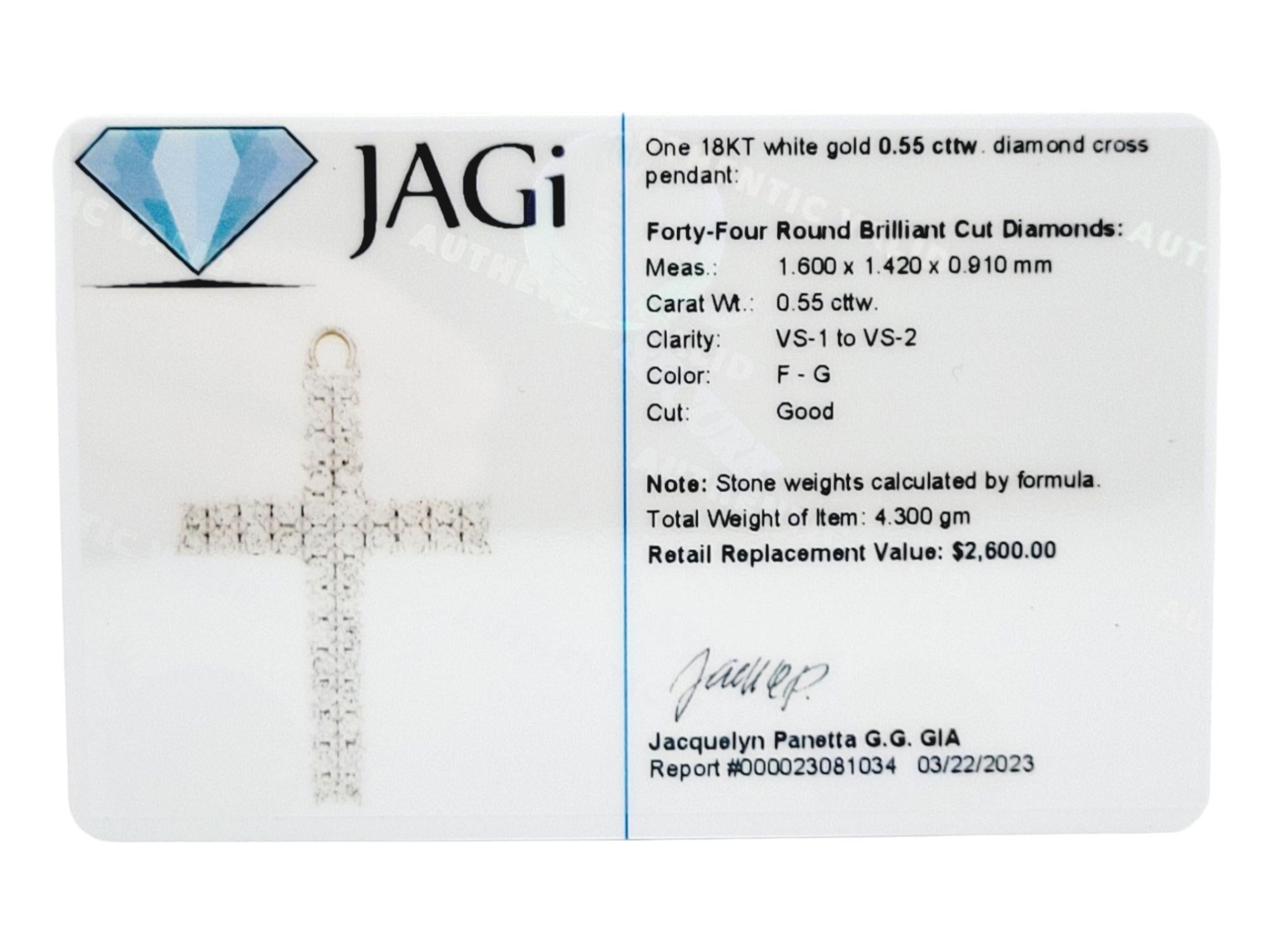 0.55 Carats Diamond Pave Cross Pendant in 18 Karat Polished White Gold For Sale 8