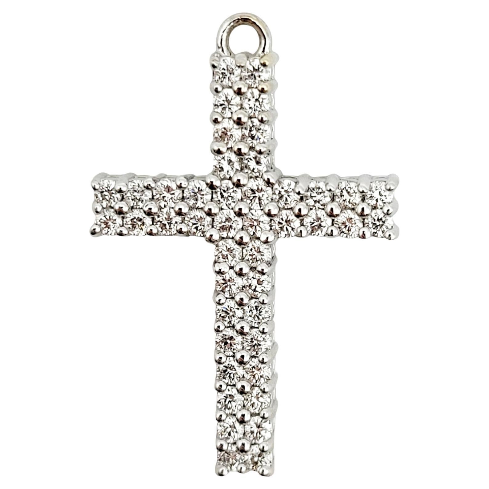 0.55 Carats Diamond Pave Cross Pendant in 18 Karat Polished White Gold For Sale