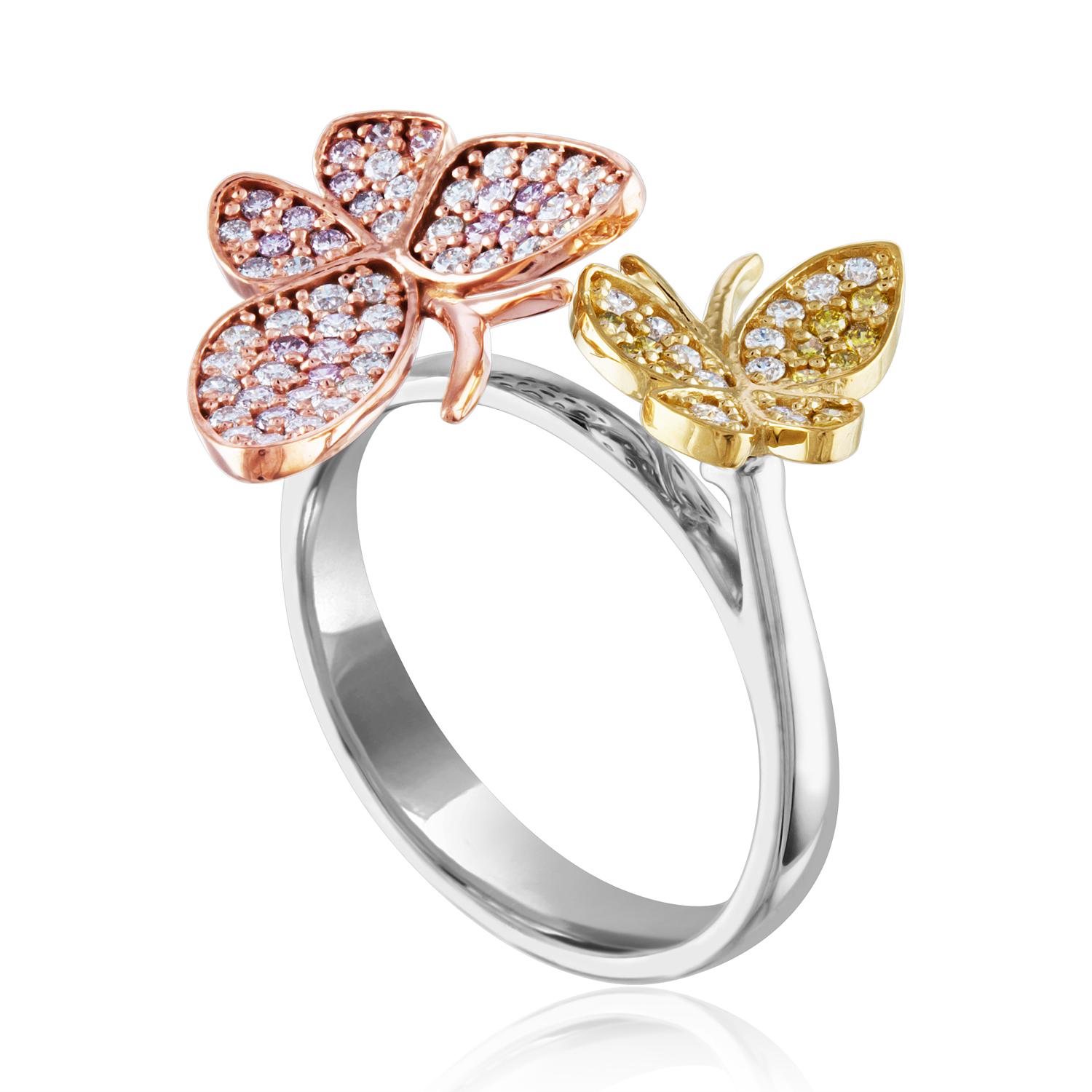Unique One-Of-Kind Ring Tri-Color Natural Diamonds & Gold
The Bypass Butterfly Ring Natural Diamonds
The ring is 14K White and Yellow and Rose Gold
There are 0.33 Carats In White Diamonds F/G VS/SI
There are 0.14 Carats In Pink Diamonds VS/SI
There