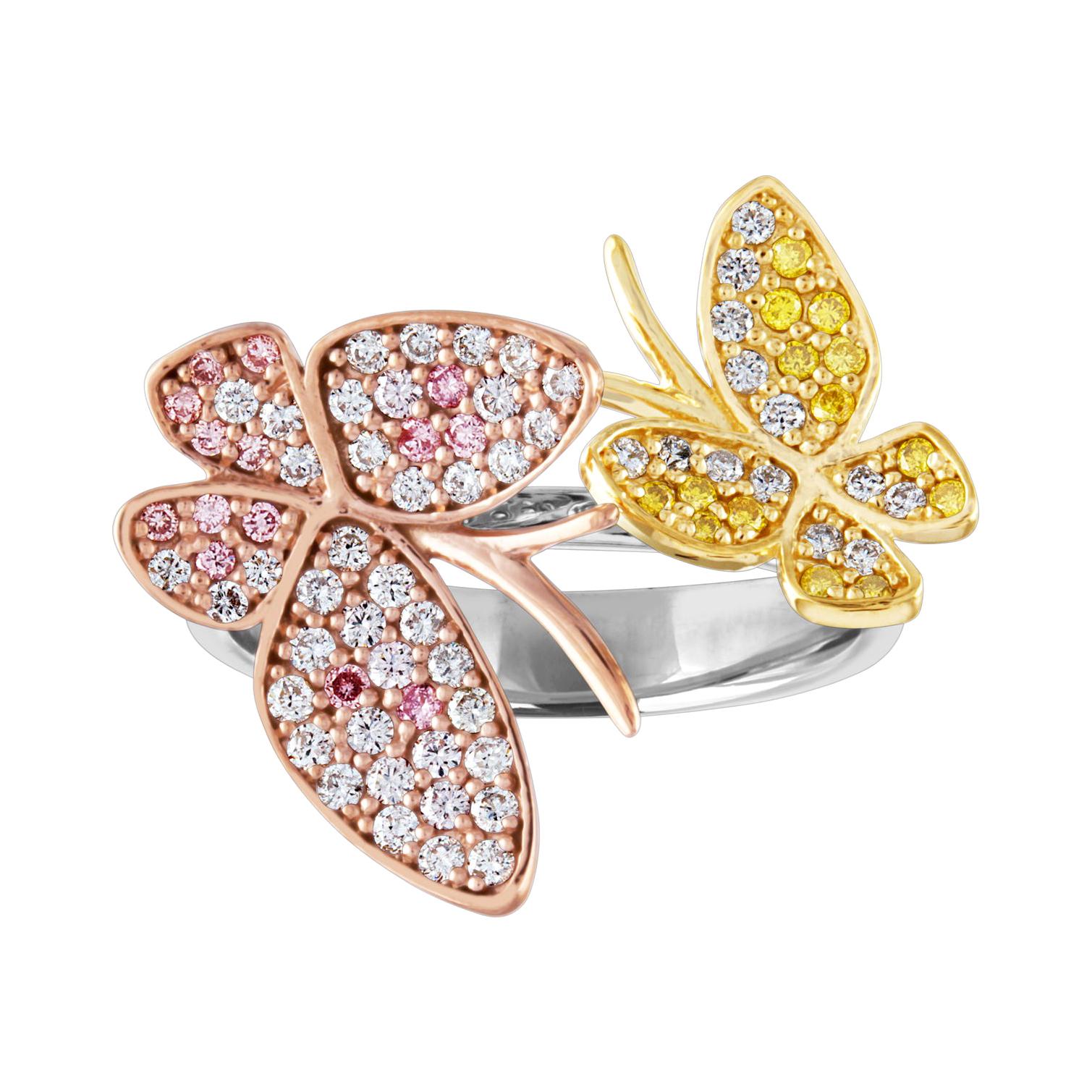 0.55 Carats Tri-Color Diamonds & Tri-Color Gold Bypass Butterfly Ring For Sale