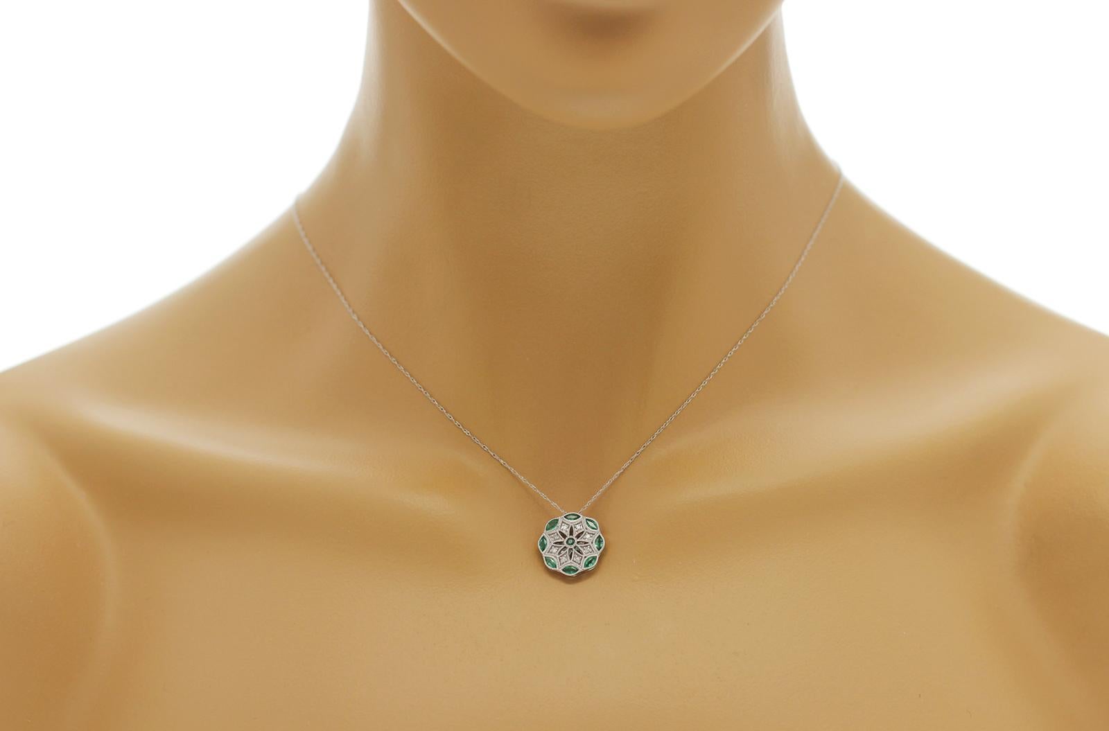 100% Authentic, 100% Customer Satisfaction

Pendant: 15 mm

Chain: 0.3 mm

Size:18 Inches

Metal: 14K White Gold

Hallmarks: 14K

Total Weight: 2.5 Grams

Stone Type: 0.55 CT Natural Emerald &  Diamond 0.10 CT  G   SI1

Condition: New With Tag