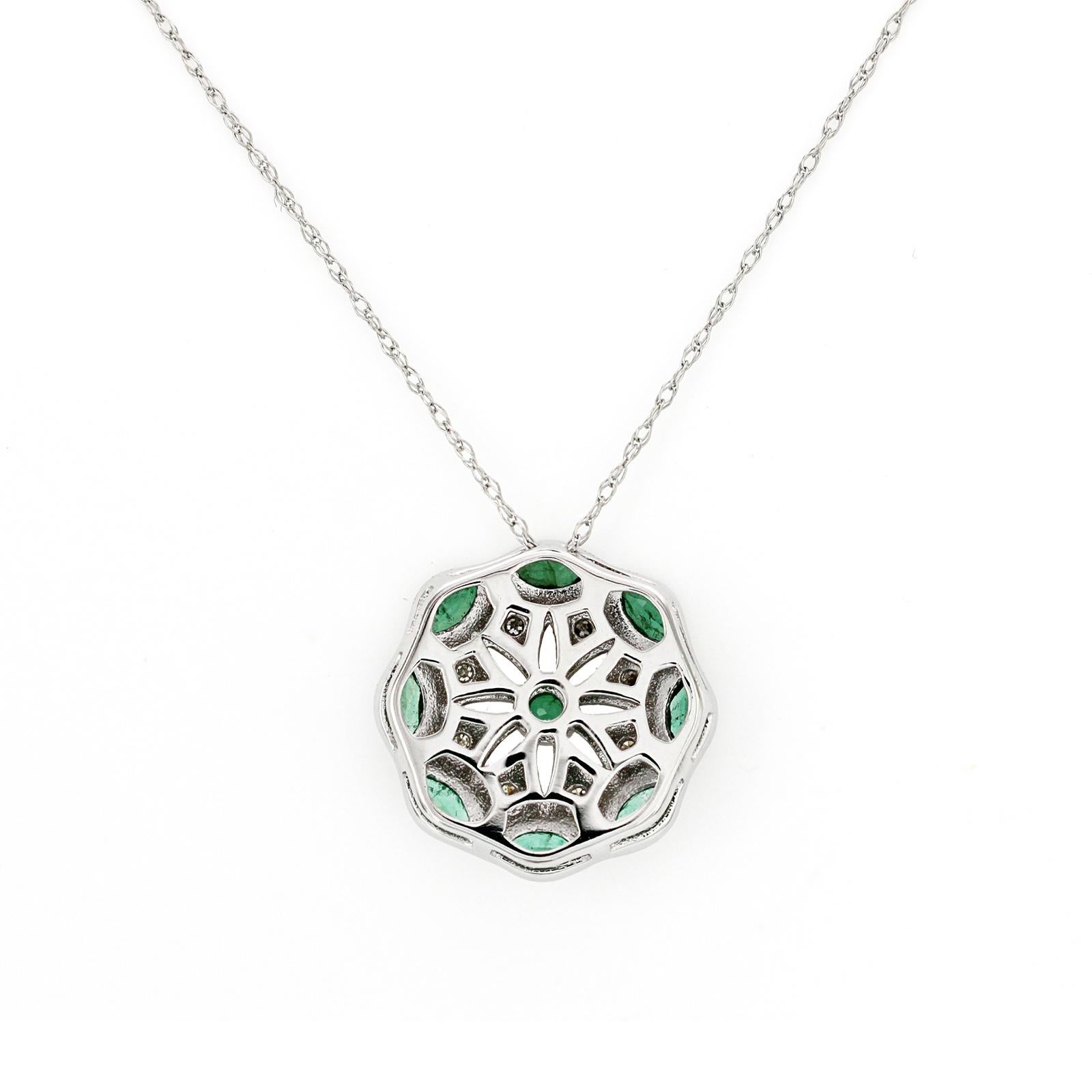 Women's or Men's 0.55 CT Emerald 0.10 CT Diamond 14K White Gold Pendant Necklace For Sale