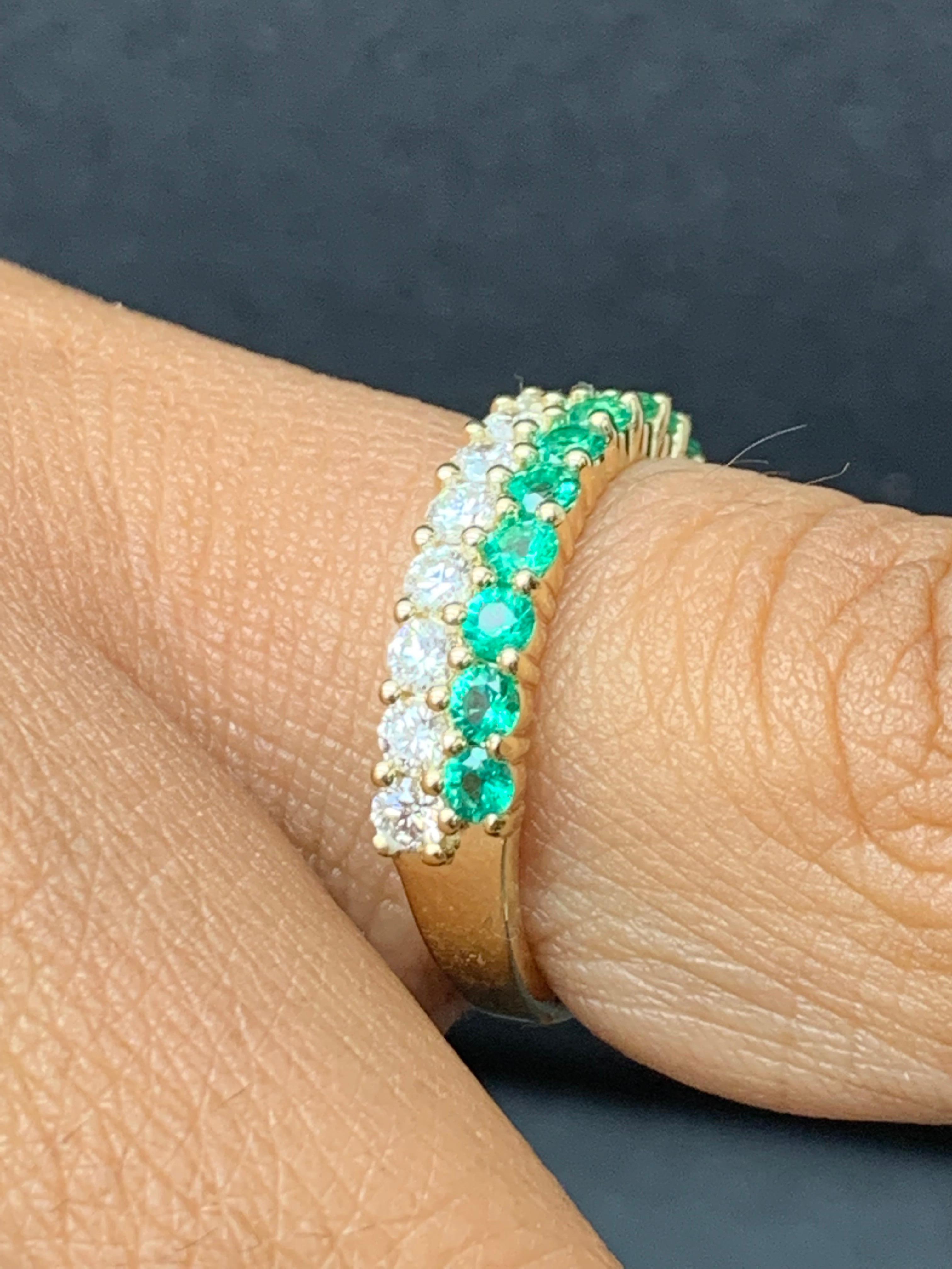 0.55 Ct Round Shape Emerald and Diamond Double Row Band Ring in 14K Yellow Gold For Sale 4