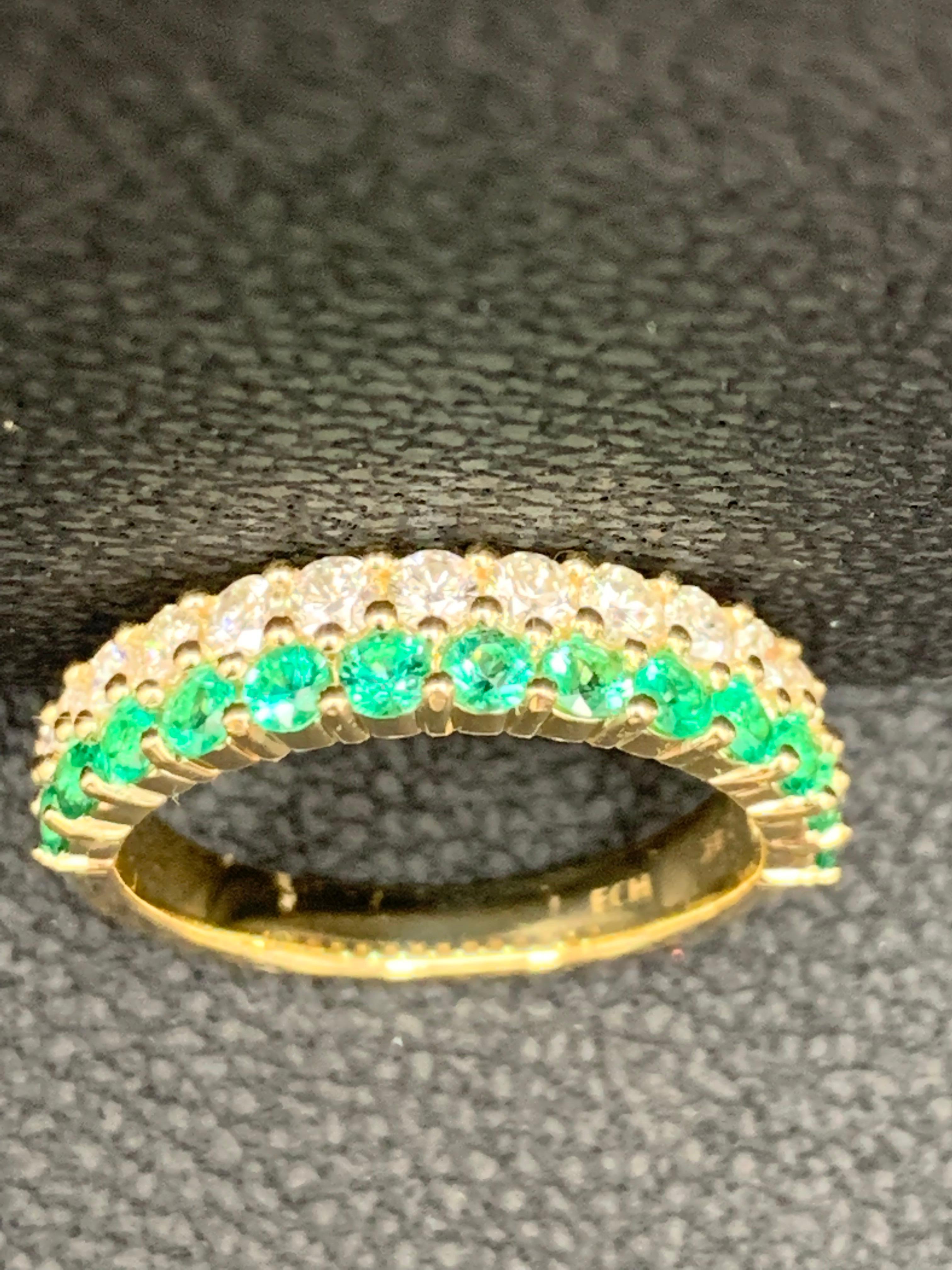 0.55 Ct Round Shape Emerald and Diamond Double Row Band Ring in 14K Yellow Gold For Sale 9