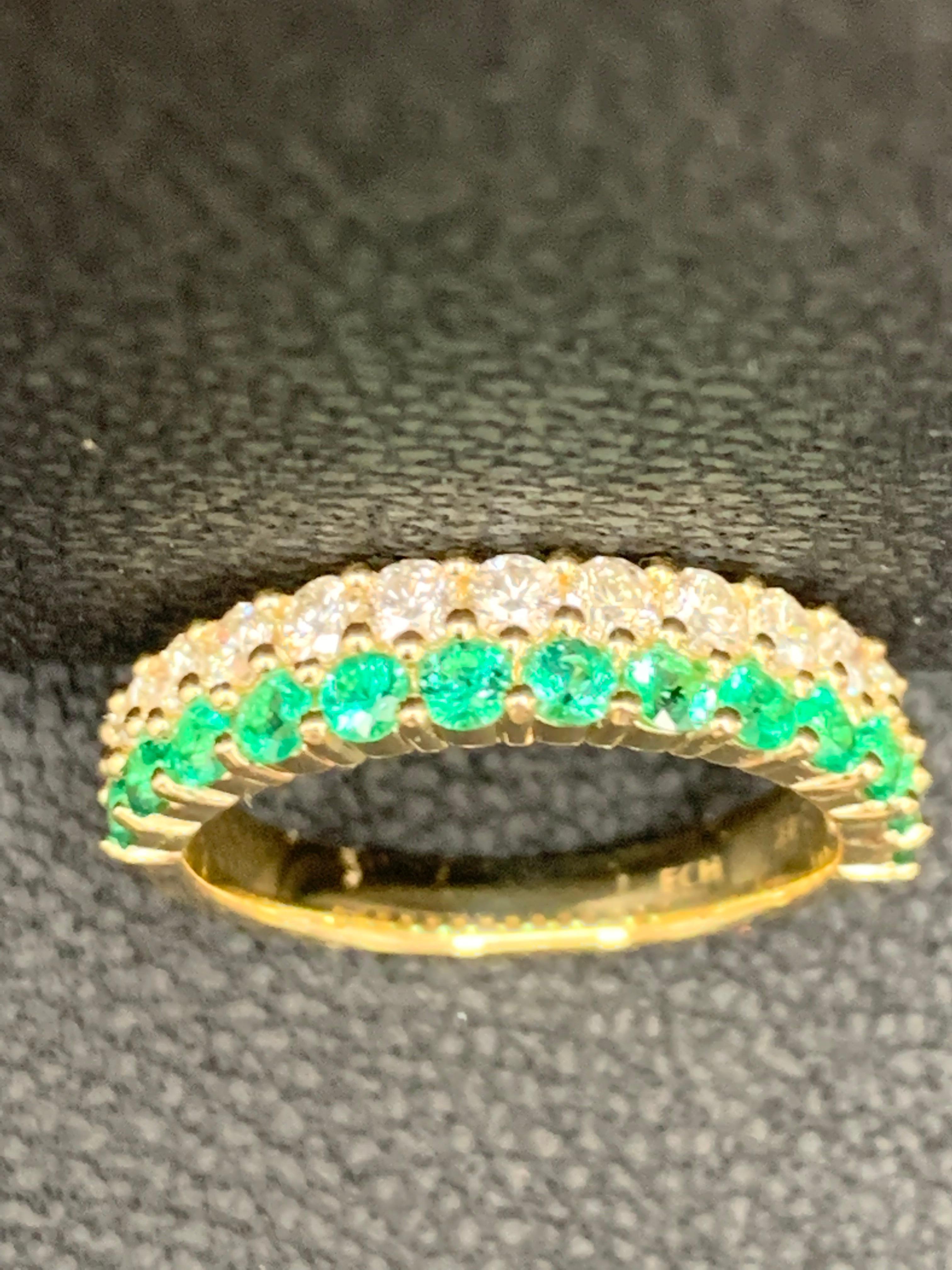 0.55 Ct Round Shape Emerald and Diamond Double Row Band Ring in 14K Yellow Gold For Sale 10