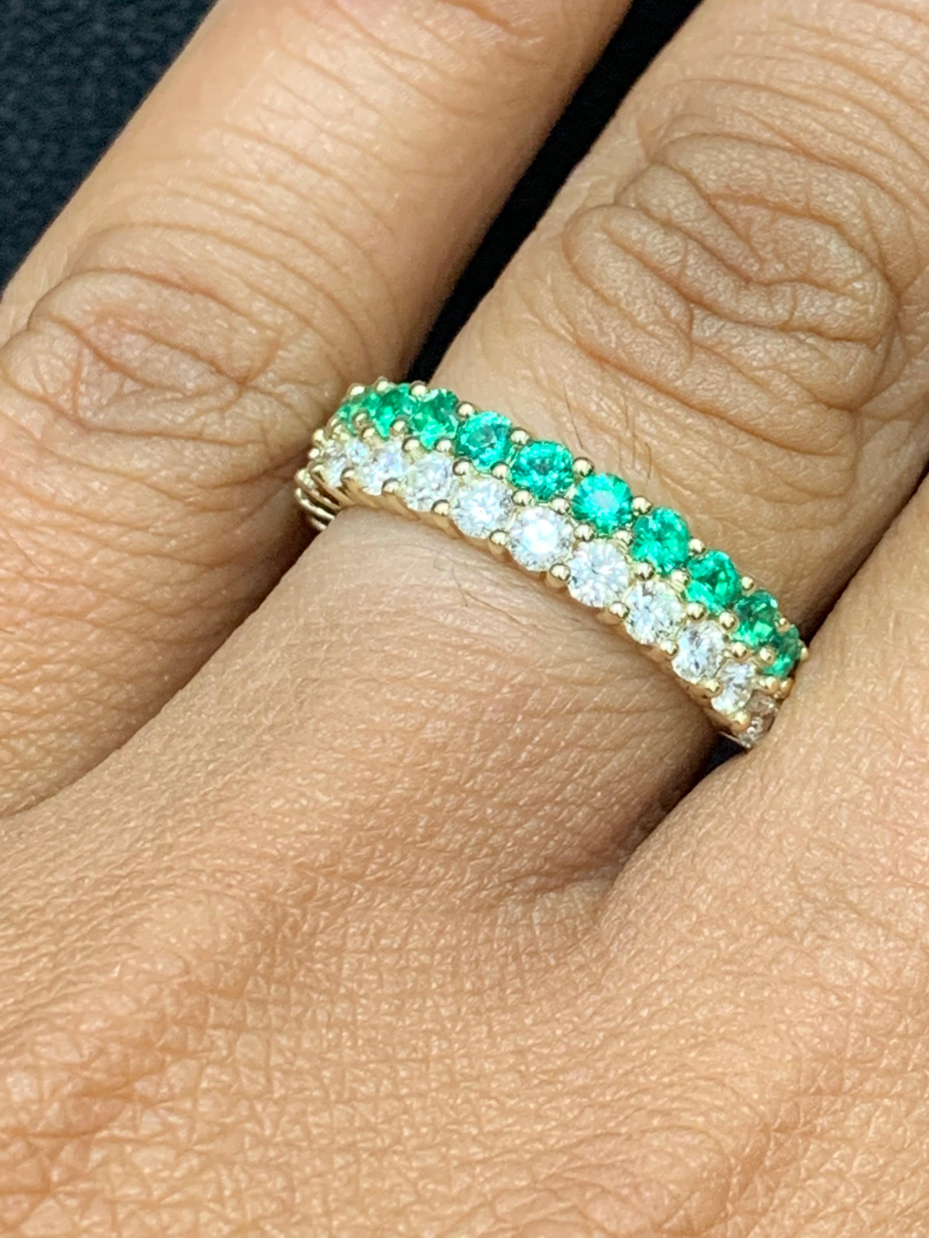 Round Cut 0.55 Ct Round Shape Emerald and Diamond Double Row Band Ring in 14K Yellow Gold For Sale