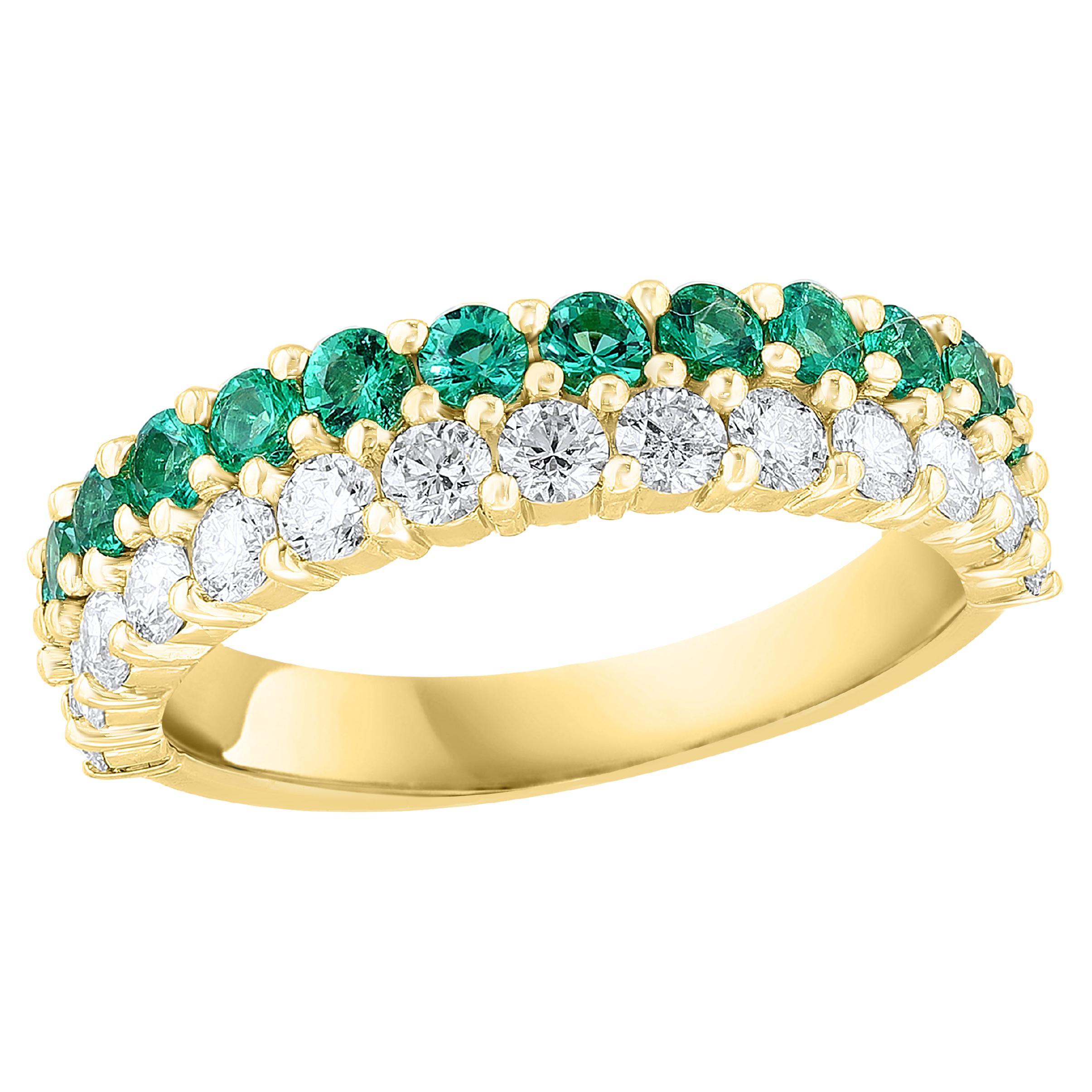 0.55 Ct Round Shape Emerald and Diamond Double Row Band Ring in 14K Yellow Gold For Sale