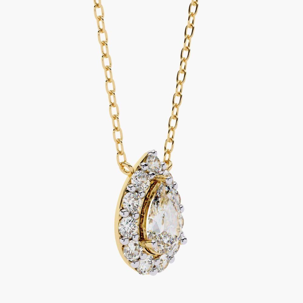 Collana con diamante aureolato a forma di pera da 0,55 carati in oro 14K in vendita 3