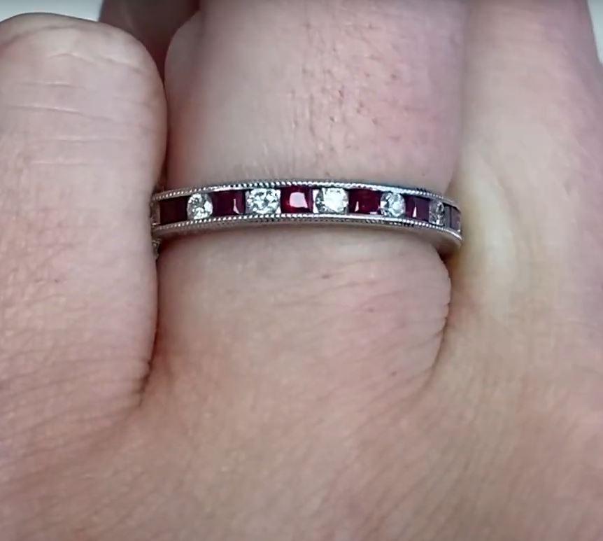 0.55ct Diamond & 1.05ct Natural Rubies Band Ring, Platinum In Excellent Condition For Sale In New York, NY